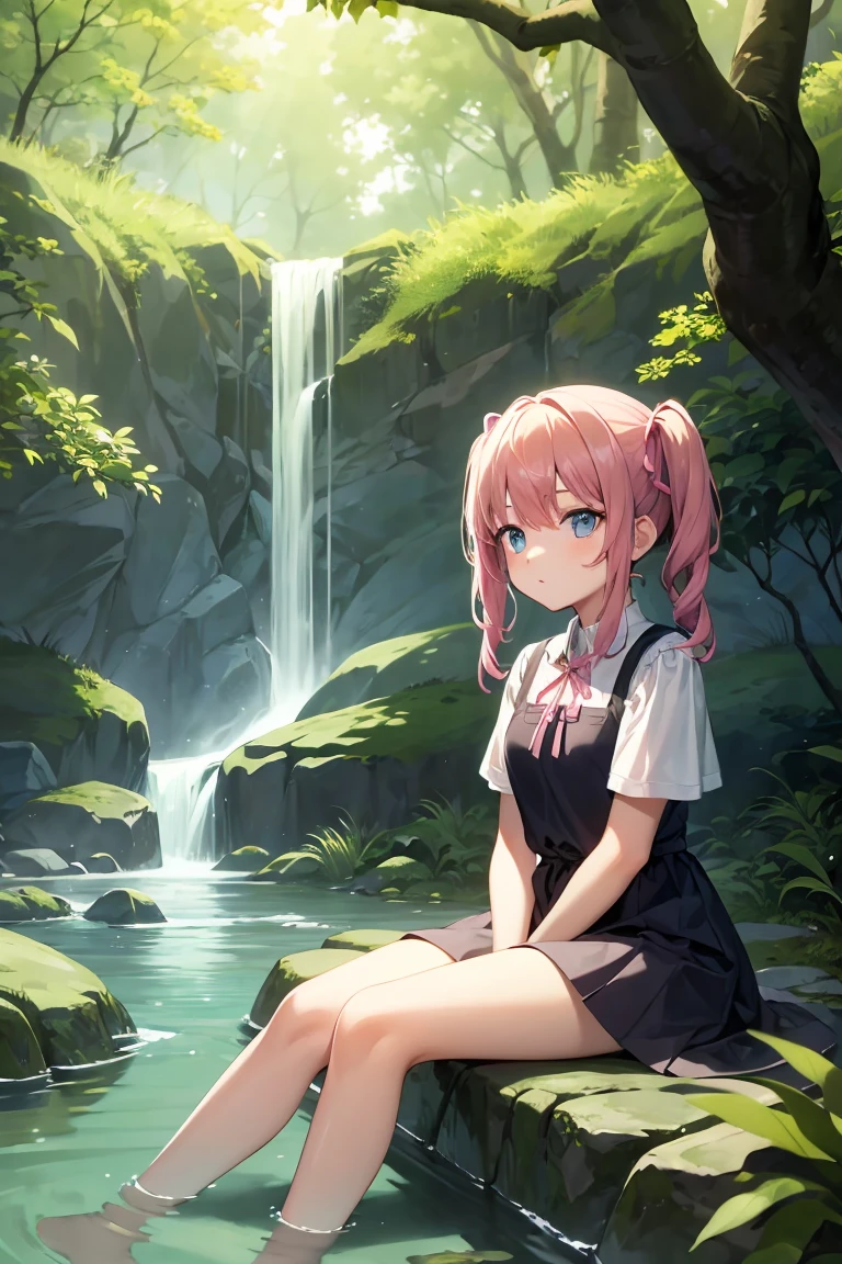 A young girl with brown pigtails tied with pink ribbons, sky-blue eyes, wearing a , sitting on a stone by a stream. She is dipping her feet in the water, surrounded by lush greenery. The scene is set in the afternoon with soft sunlight filtering through the trees, creating a peaceful and relaxing atmosphere.