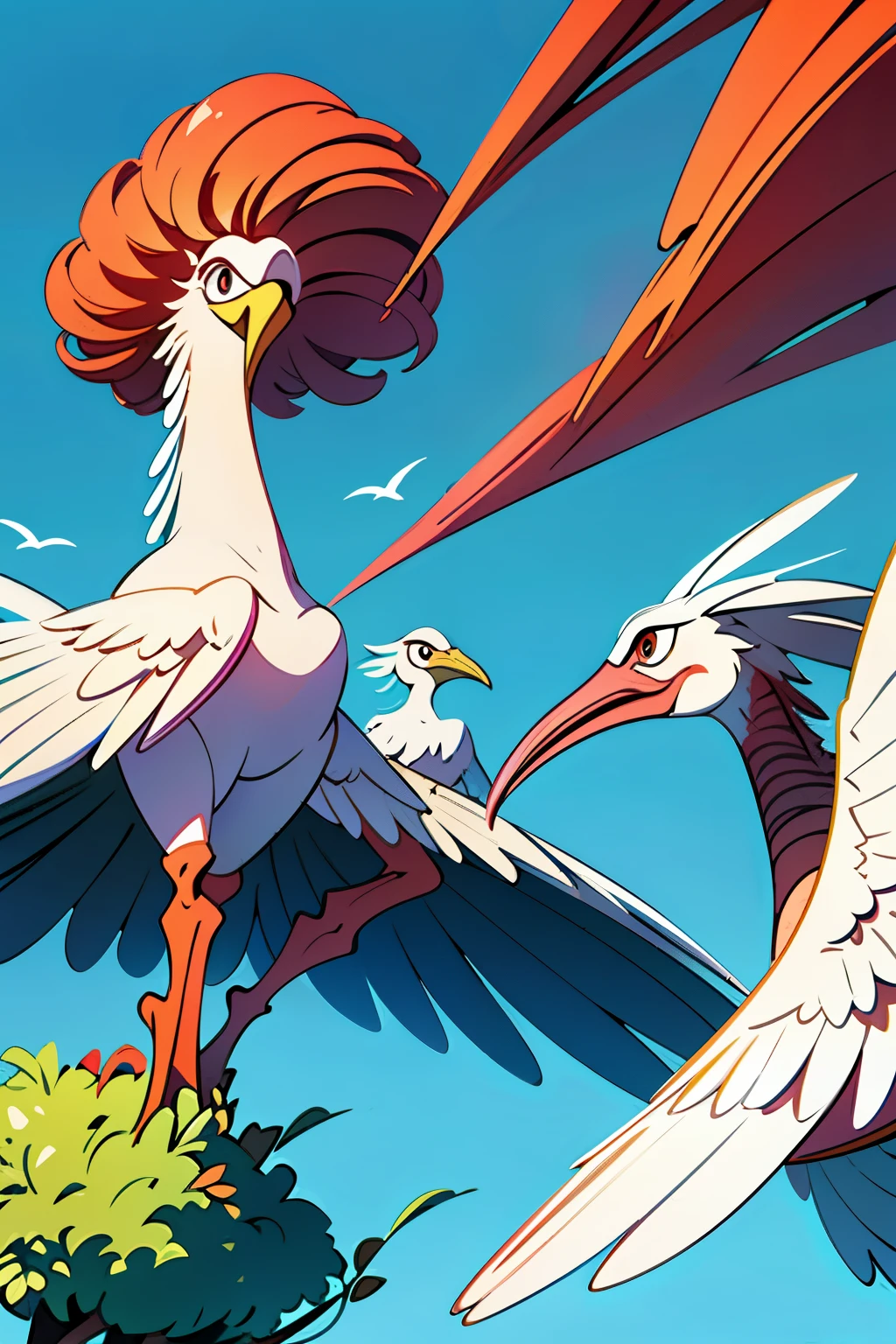 Masterpiece, best quality) Three crested ibises soaring joyfully above the treetops, (1.1 simple lines, 1.2 solid colors, 1.3 warm hues): a vibrant and cheerful depiction for a younger audience. Employing a minimalist, cartoon art style reminiscent of a simplified artist. Backdrop: pristine, pristine white.