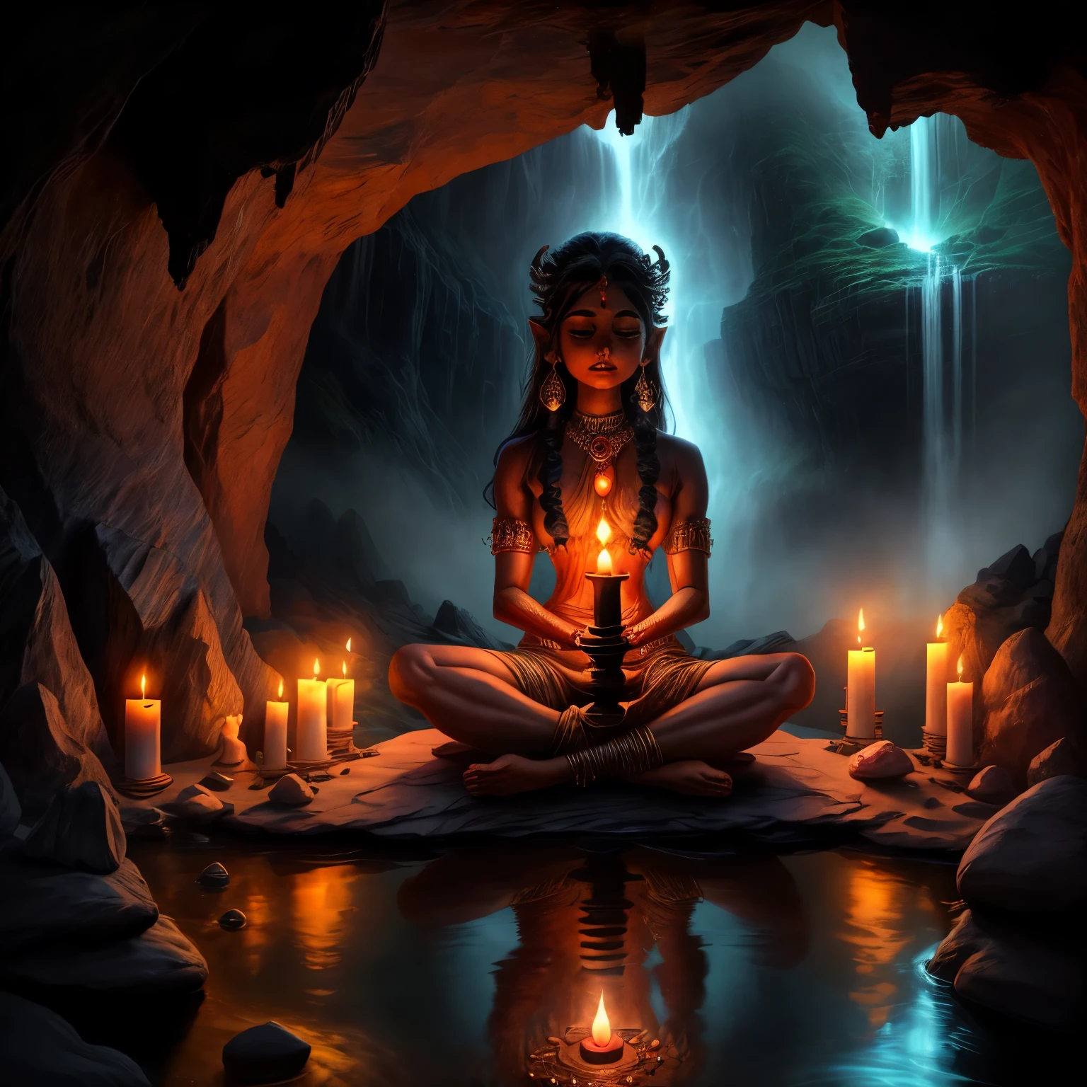 a woman wearing an Indian saree sitting in a cave with candles lit up, hindu stages of meditation, meditating, worshipping god, a mystical temple, praying meditating, glowing temple in the distance, floating in a powerful zen state, in a cave with the waterfall, mystical setting, underground temple, mysterious temple setting, lord shiva idol, Shiva the destroyer, Shiva lingam, Shiva linga, 