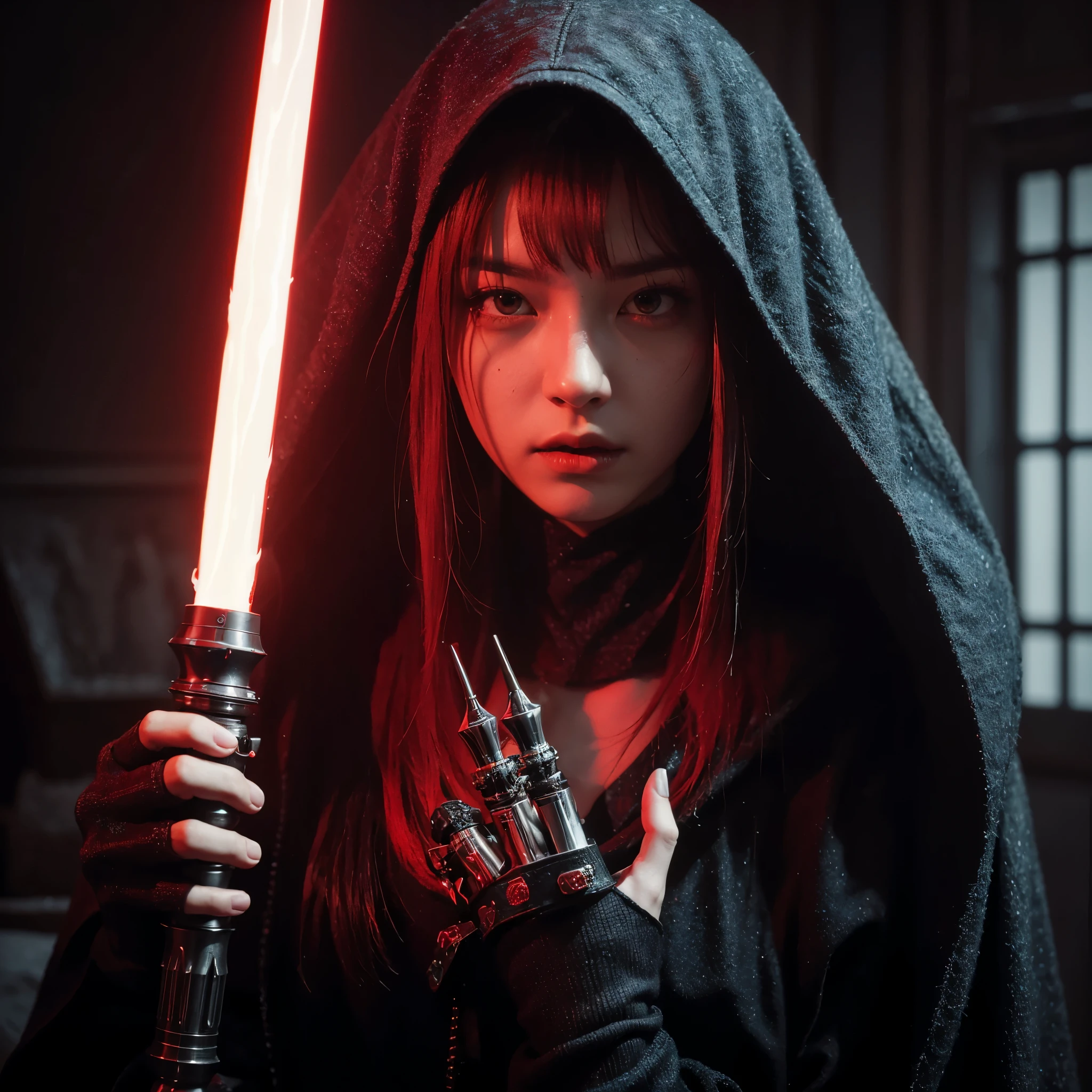 (very sharp result, full body desaturated photo) (((textile shading))), (((Best Quality))), (((masterpiece))) (((hyper realistic photo))) in starwars universe, dark atmosphere, backlight shoot body sith lordes japanese girl in black cult hoodie pale skin, vampire look no makeup, piercings, mysterious sinister with bright red eyes (she is holding ritual skull & red lighsaber) red hair, moist textured facial skin with detail pore face, dark castle, source light only from her red saber, horror feel mood gritty atmosphere, UHD, 8K, shoot by hasselblad with medium lens