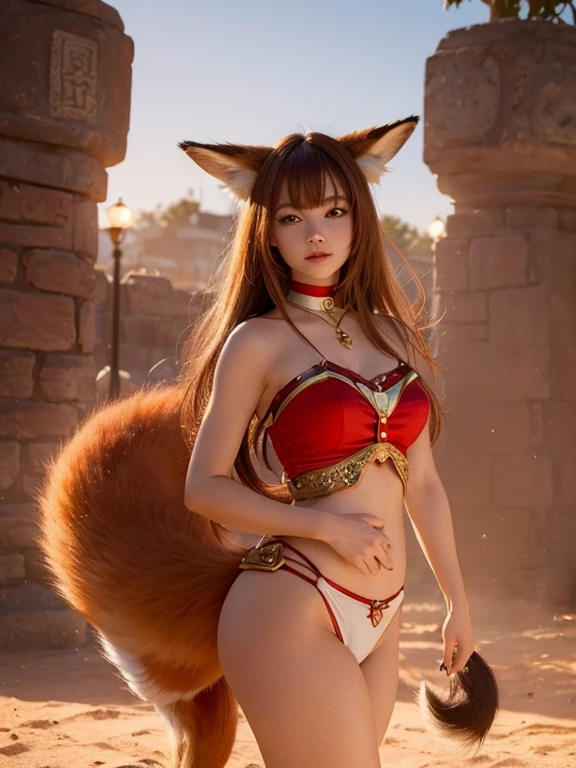 ((highest quality, 32k)), ((masterpiece)), (Get used to it), Perfect Face, Fox Girl, Beautiful woman, public, Has a tail, She has a fox&#39;s tail, She wags her fluffy tail, Surprised face, Dog collar, She is wearing a Chinese dress, Beautiful hip line, A tail sticking out from a Chinese dress, Large Breasts, Tail on the buttocks