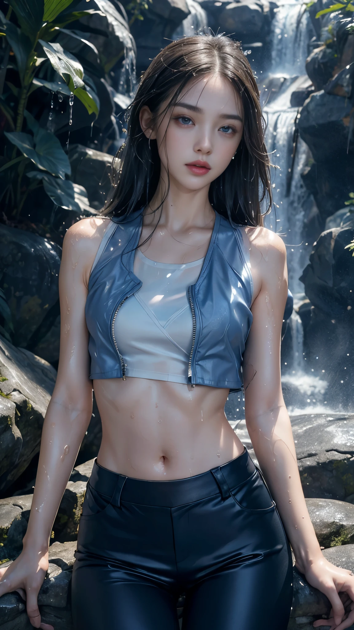 8k, masterpiece, 1 girl, beautiful face, very long hair, light makeup, (wet skin:1.2), detailed eyes, detailed lips, small bust, simple clothing, wet blue vest, blue mini skirt, ((under pants)), ((bare thigh)), straps clothing, (water falling:1.4), steam effect, water vapour,