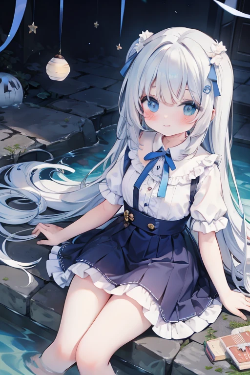It's cute to wear beautiful clothes,Embracing the stars shining on the beach,Full body photo
