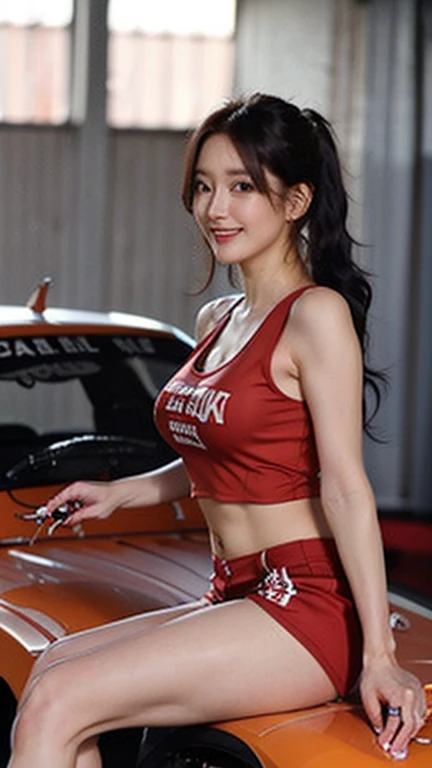 (High resolution 8K),( highest quality), Very detailed, (masterpiece), Realistic,  Very detailedなかわいい女の子,( Age 25), (From the whole body to the toes:1.2),(Shooting from the side:1.2),(sitting on the hood of a car),(Race Queen),(Natural pose),(Hair tying pose),(Big Breasts),(Big Ass),(Smiling for the camera),( Smiling while looking at the camera ),(Full Body Shot:1.2) ,((Side shot 1.2)),(ponytail),(photoRealistic:1.3),((Wear a sponsored grid girl costume,Wearing a tank top with a logo printed on it)), ((Red logo print shorts)),(Participate in a motorsport race), (Look at me and smile),
