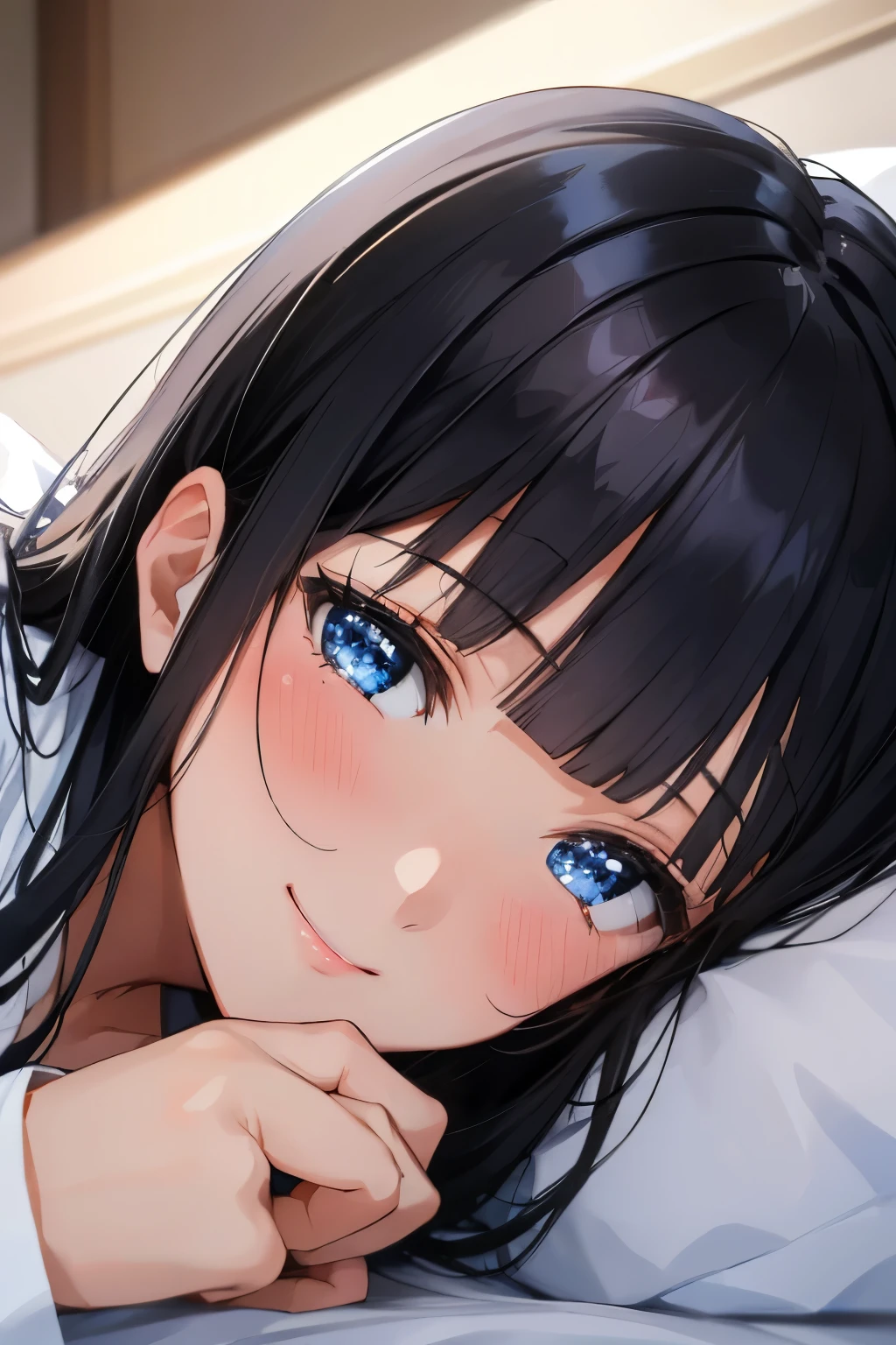 Masterpiece、highest quality、Woman 1、Super detailed　Black Hair、Blunt Bangs　Blue Eyes、Sparkling Eyes　Smiling、blush　White Shirt　Face is close、Facial Close-up、Bring your head closer　Sheetsに寝転がる、Lying on your side、Bed In　Sheets