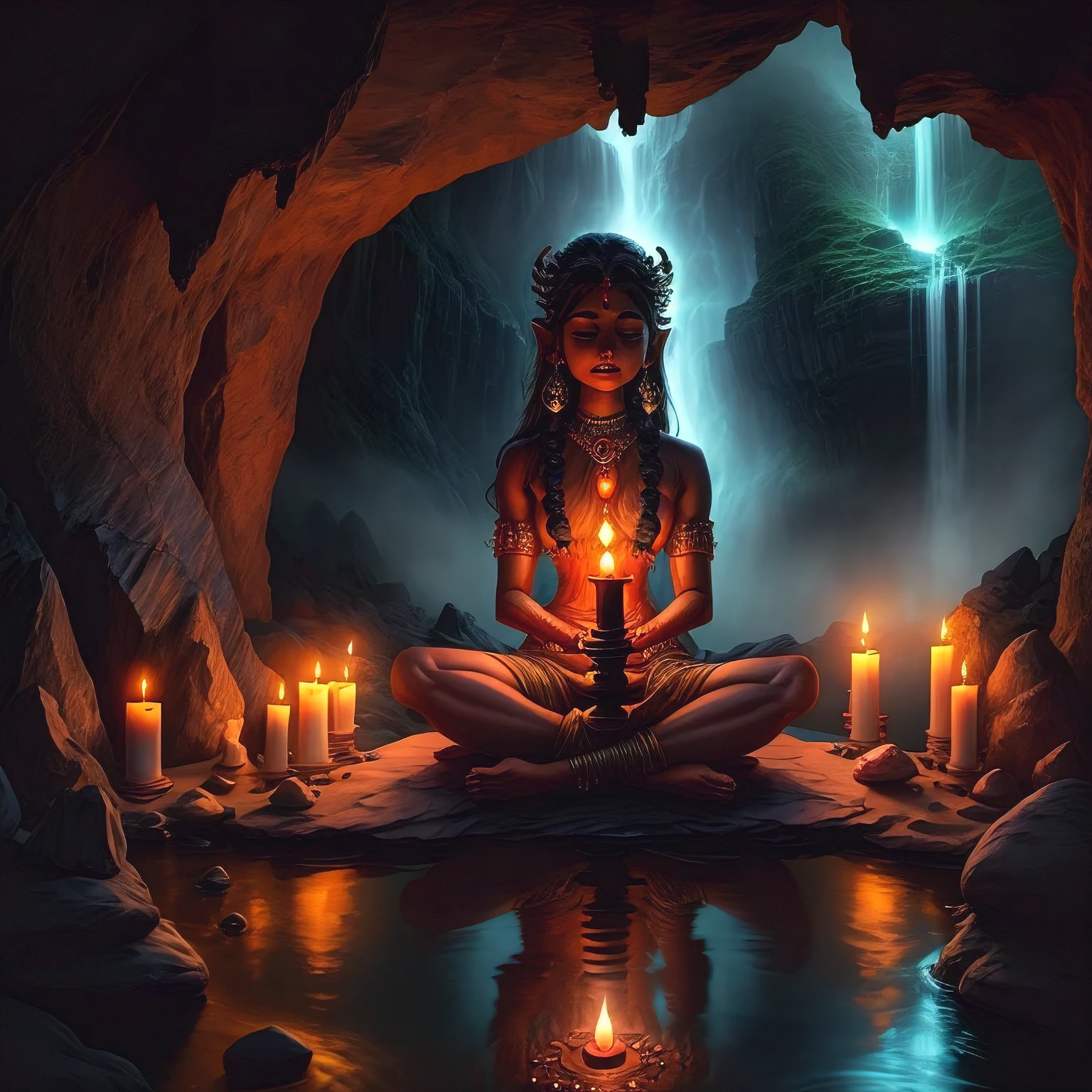 a woman wearing an Indian saree sitting in a cave with candles lit up, hindu stages of meditation, meditating, worshipping god, a mystical temple, praying meditating, glowing temple in the distance, floating in a powerful zen state, in a cave with the waterfall, mystical setting, underground temple, mysterious temple setting, lord shiva idol, Shiva the destroyer, Shiva lingam, Shiva linga, 