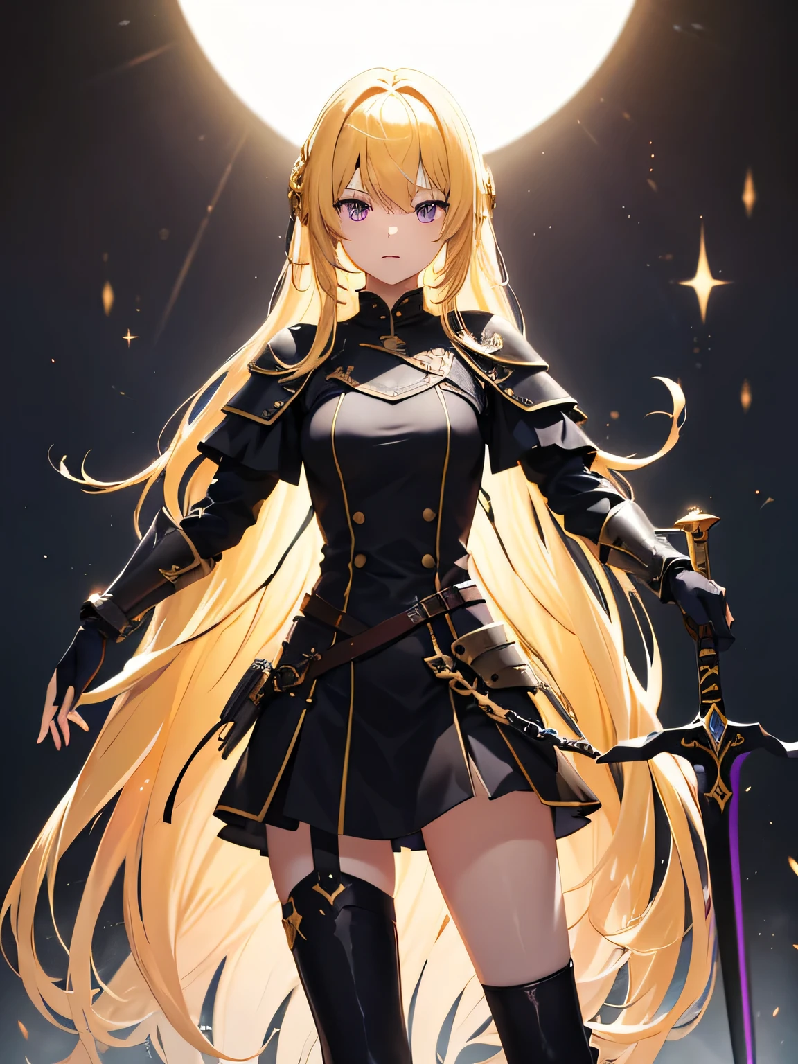 High resolution, a age woman, long and straight golden yellow hair, dark purple eyes, wearing black knight armor, holding a sword