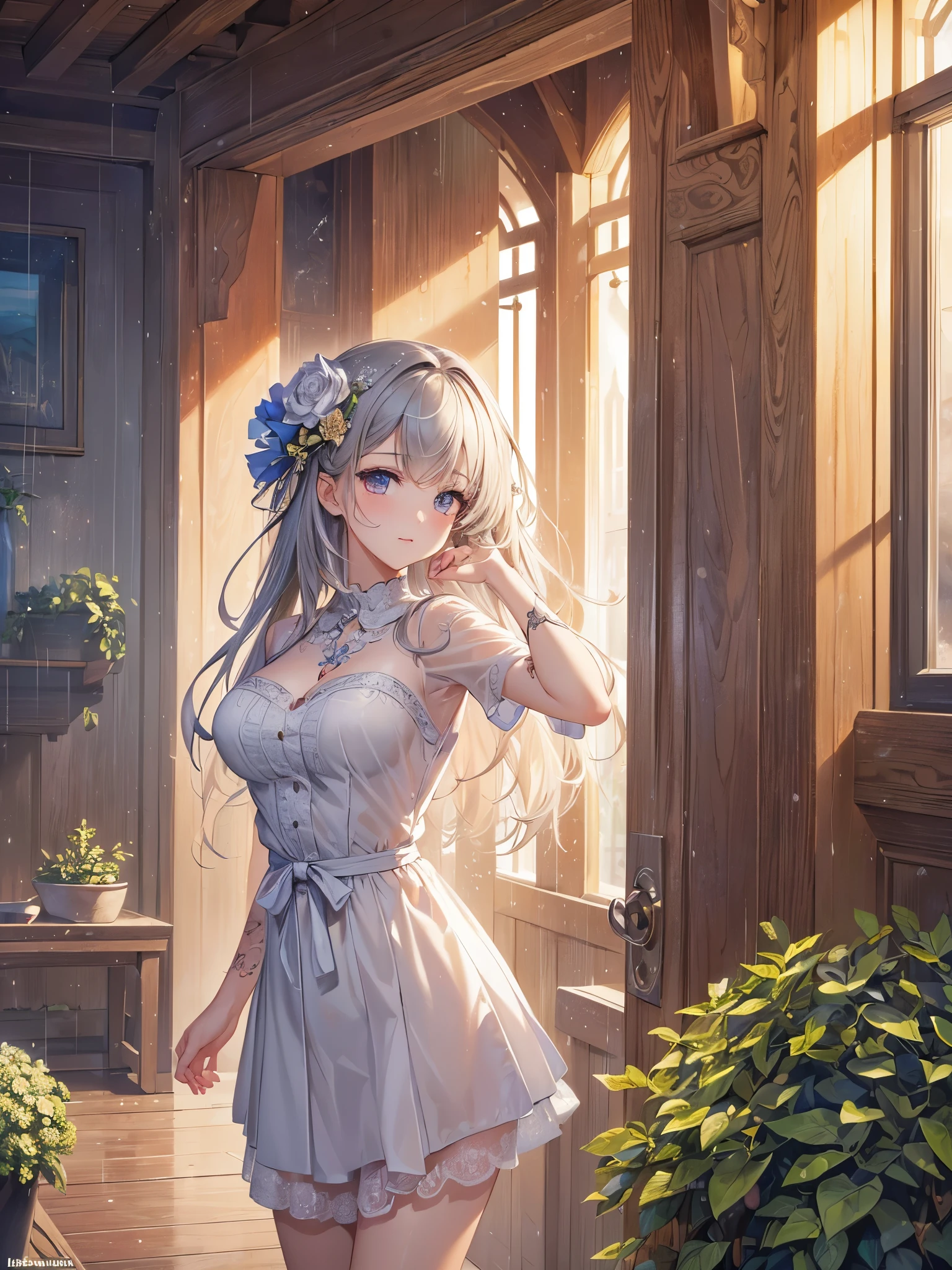 ((highest quality)),(Ultra-high resolution),(Very detailed),(Detailed Description),((The best CG)),(A masterpiece),Ultra-detailed art,Amazing drawing art,(Art with exquisite detail:1.5), A woman standing in the rain, Early Afternoon,