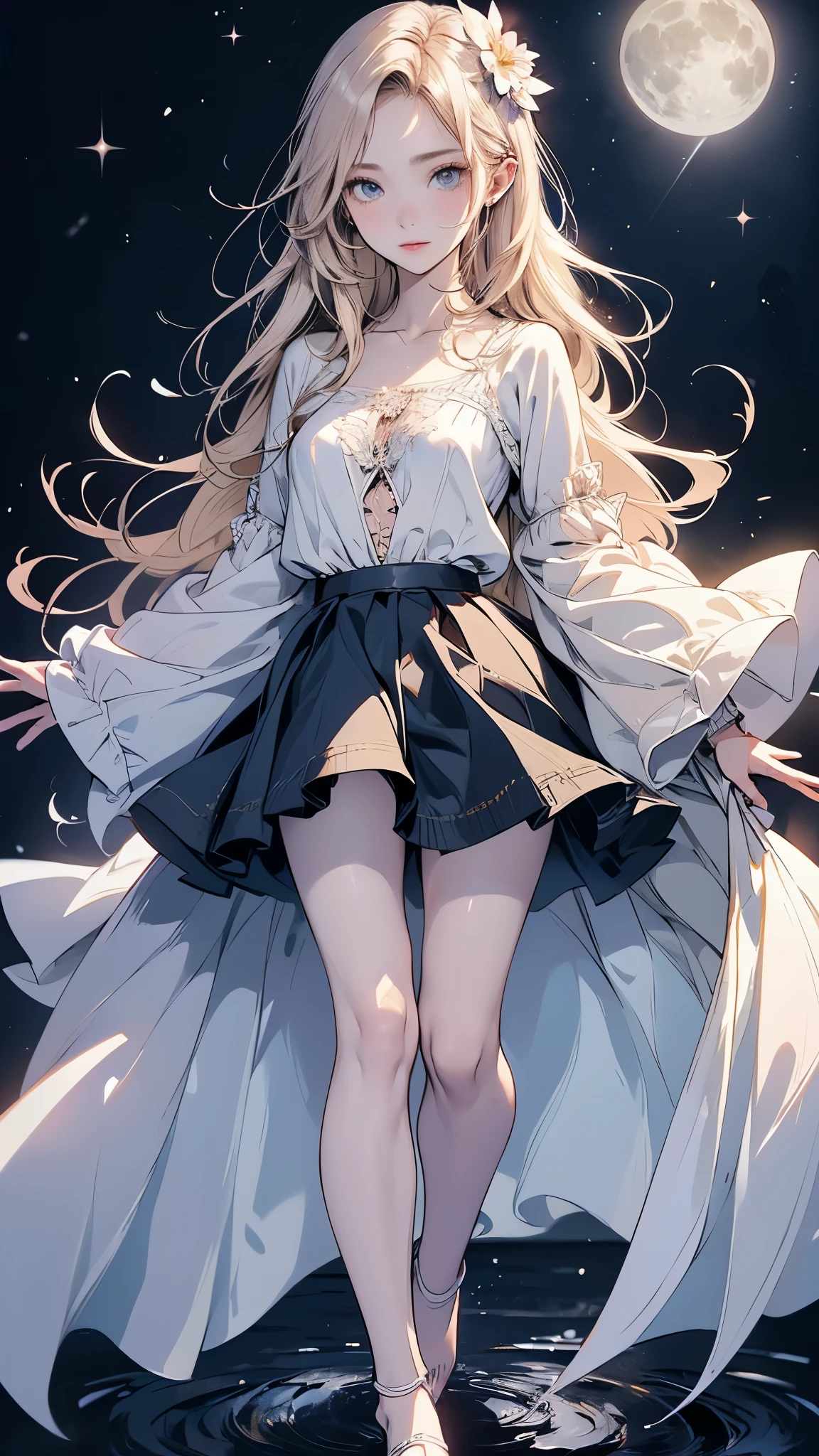 ((Biologically correct limb count))、(( A full-body illustration from toes to face))、4K、Masterpiece、((Eyes with delicate depictions、Detailed depiction of faces、Focus on the face))、((Symmetrical, well-proportioned facial features))、Beautiful woman、Outstanding style、Beautiful clavicle、Beautiful legs、Beautiful Hands、Slender Body、(shirt、skirt)、Looking up、High angle、The background is a moonlit night、((Walking posture))