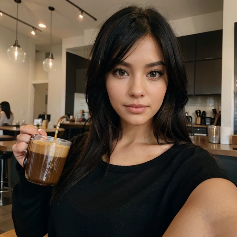 Blonde black haired woman drinking coffee