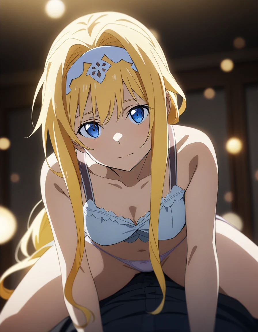 1girl and 1boy, alice zuberg, sword art online, ((straddling, panties)), looking at viewer, masterpiece, best quality, very aesthetic, absurdres, cinematic still, emotional, harmonious, vignette, highly detailed, high budget, bokeh, cinemascope, moody, epic, gorgeous, film grain, grainy