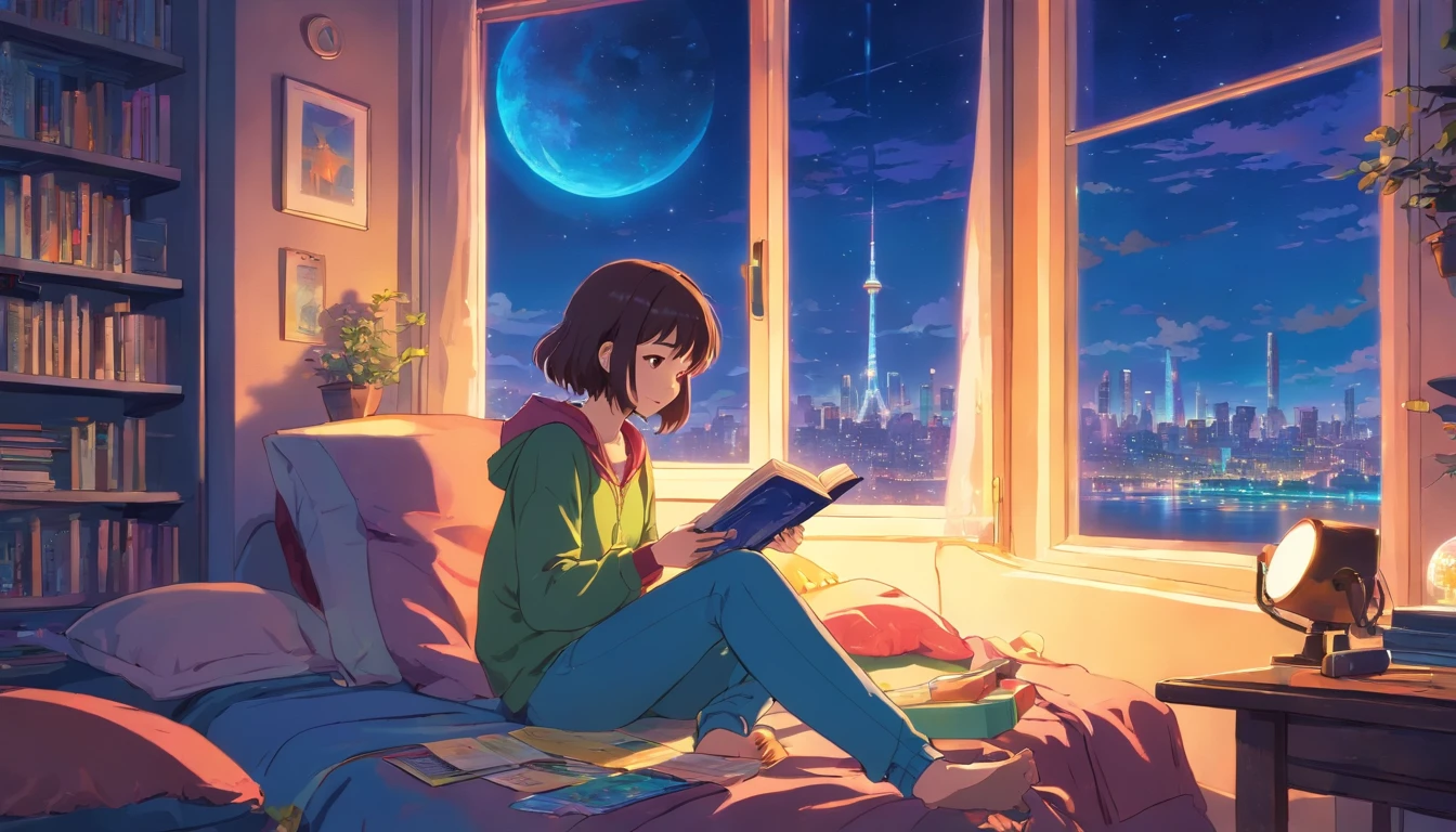 European Hippie Girl reading a book in her room, dreaming, Wear headphones, night lights, Neon landscape on a night time, city is visible in the big window, Analog Color Theme, Lo-Fi Hip Hop , retrospective, flat, 2.5D ,Draw a line, Ink Drawing, Large slope, Watercolor painting, Goosch Colors, Studio Ghibli Style, Awesome colorful, Outer Ton, krautrock, lofi art, 70s style,Old texture, amplitude,psychedelic vibe, masterpiece, Tremendous technology, 8k ultra high quality