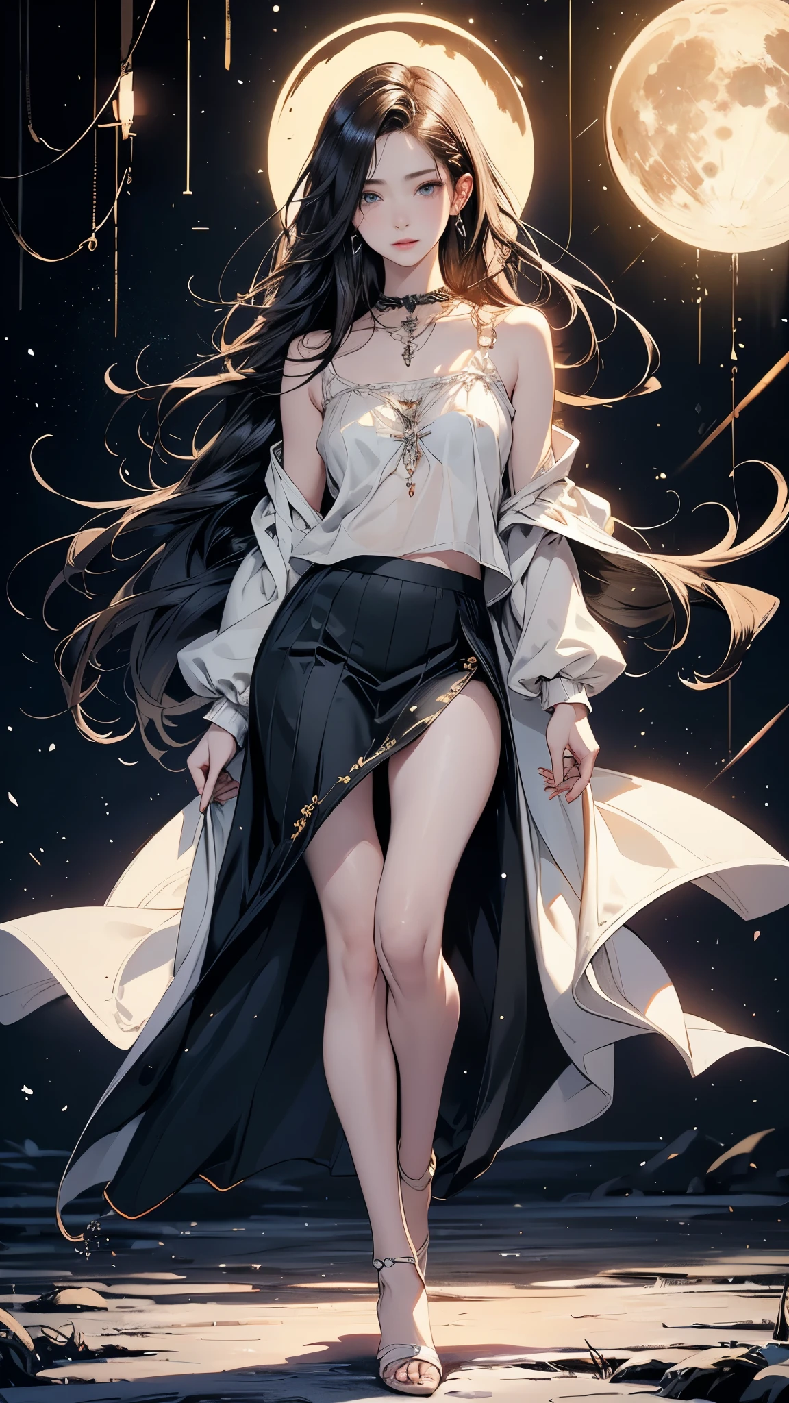 ((Biologically correct limb count))、(( A full-body illustration from toes to face))、4K、Masterpiece、((Eyes with delicate depictions、Detailed depiction of faces、Focus on the face))、((Symmetrical, well-proportioned facial features))、Beautiful woman、Outstanding style、Beautiful clavicle、Beautiful legs、Beautiful Hands、Slender Body、(shirt、skirt)、Looking up、High angle、The background is a moonlit night、((Walking posture))