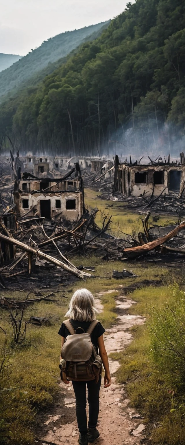 ((Wilderness Landscape Photography)),The wilderness spreads on one side,Remains of buildings,Burnt tree々,walking in a wilderness10Year old girl:White:Bronze Hair,Back view,rucksack,The World War is over,But my dead mother won't come back,Feelings of despair,sorrow,pessimism,Longing,Expressing the feelings of a young girl who longs for her mother,A scene from a movie,England,Moderately dirty,Survivors々Expressing relief and sorrow,They have to leave here soon.,farewell,hard,Photorealistic,Realistic texture,Realistic dirt,masterpiece,Intricate details,National Geographic,highest quality,Post-Apocalyptic Wasteland,Focus on the girl,Realistic Light and Shadow,puddle:reflection