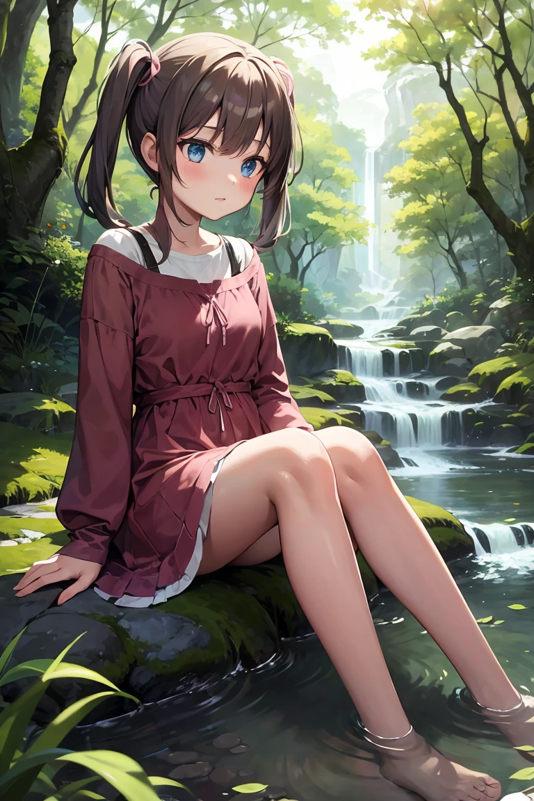 A young girl with brown pigtails tied with pink ribbons, sky-blue eyes, wearing a , sitting on a stone by a stream. She is dipping her feet in the water, surrounded by lush greenery. The scene is set in the afternoon with soft sunlight filtering through the trees, creating a peaceful and relaxing atmosphere.