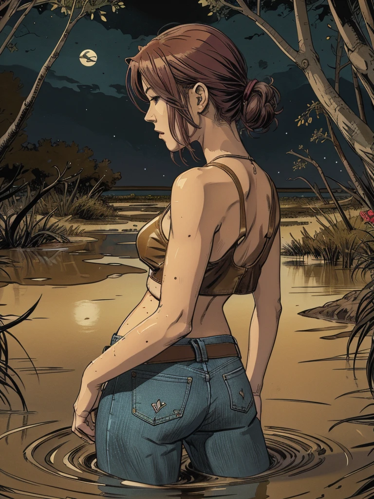 vector image, 2d cartoon,masterpiece,night:1.4, close-up portrait, An anime woman,colored hair, leather biker jacket:1.1, provocative seductive pose, touches herself in sensually places,(drowning herself in the middle quicksand swamp:1.2), quicksand pulled her down waist-deep:1.4, crop-top,jeans,red, sky, from side view