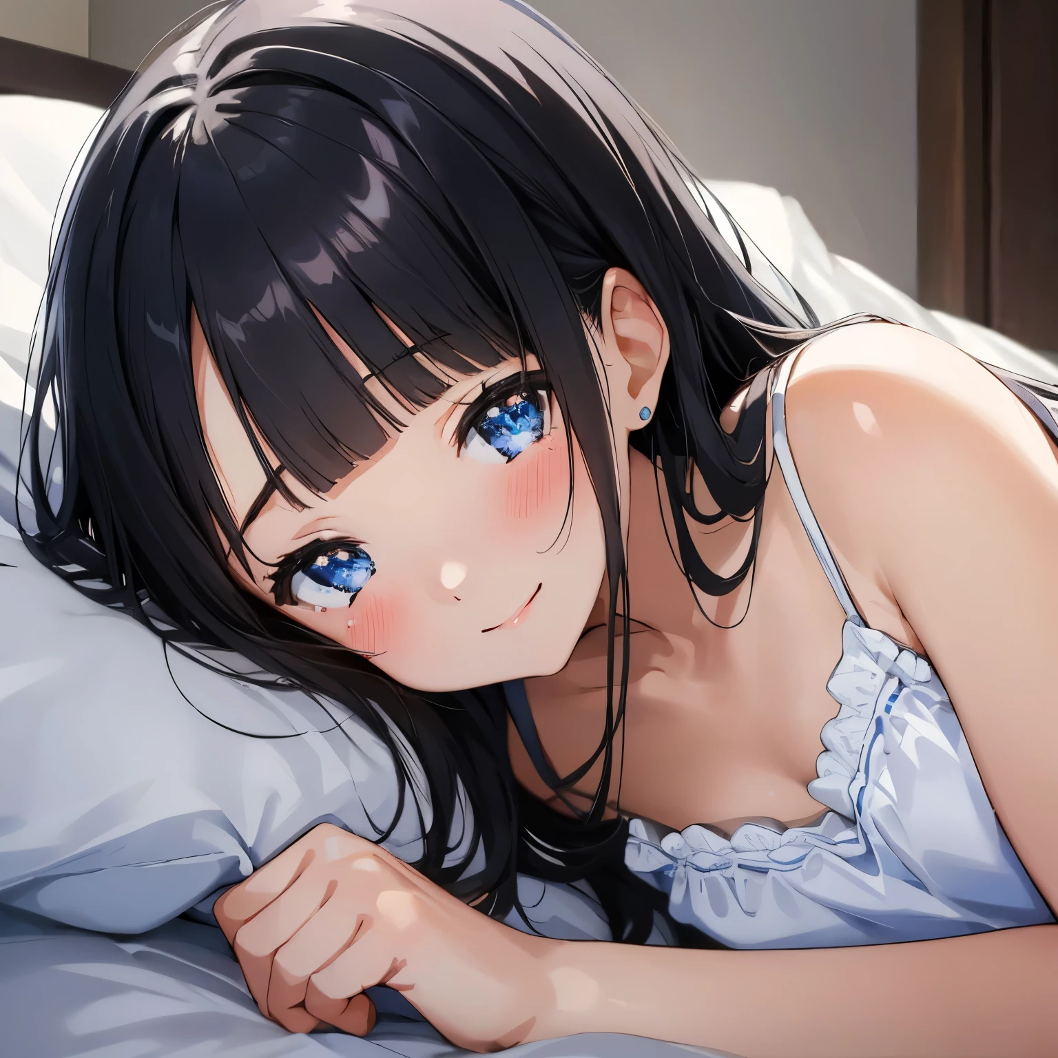 Masterpiece、highest quality、Woman 1、Super detailed　Black Hair、Blunt Bangs　Blue Eyes、Sparkling Eyes　Smiling、blush　White camisole、Small breasts　Face is close、Facial Close-up、Bring your head closer　Sheetsに寝転がる、Lying on your side、Bed In　Sheets