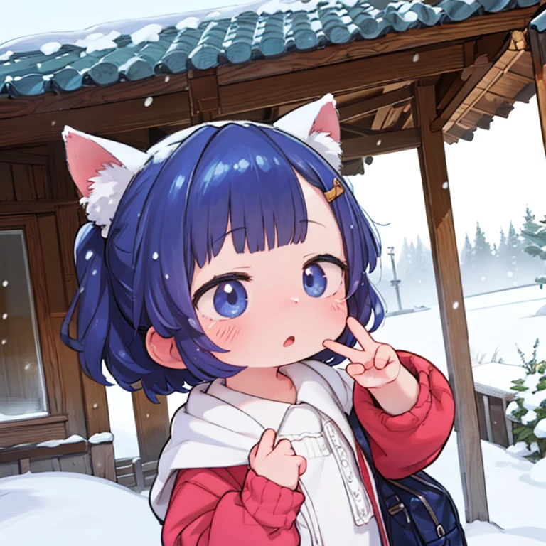 There is snow on the right side、The left half is summer、the girl looks surprised