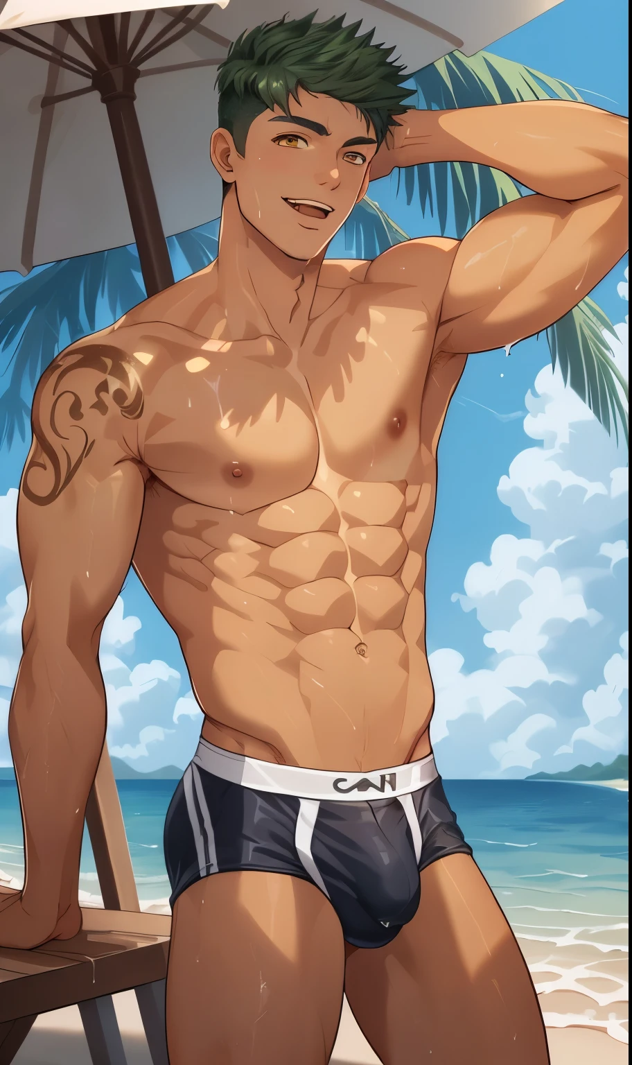 Green hair standing on the beach、Anime boy without shirt, Shirtless :: High Detail, Shirtless, Sweating of the abdomen, Anime handsome man, Smooth anime CG art, High resolution commissions, Cool anime poses, Tanned body, muscular!!, muscular!, [ Strictly defined abdominal muscles ]!!, In the anime painter studio, perfectly shaded body, !!Full body portrait!!