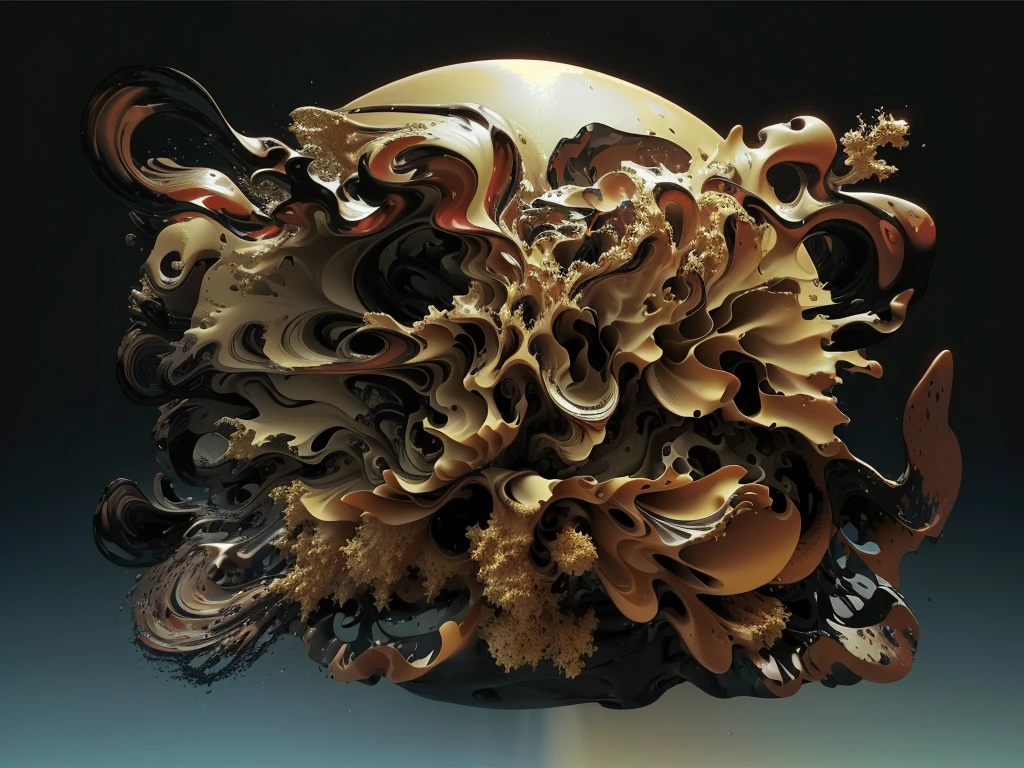 There is a very large red object in the middle of a dark background, 3 d Fluid simulation render, chaotic swirling ferrofluids, rendered in houdini, houdini Fluid simulation, Epic 3D Abstract Model, Fluid simulation in houdini, Fluid simulation, rendered in maya and houdini, rendered, black Fluid simulation, intricate artwork. Octane render