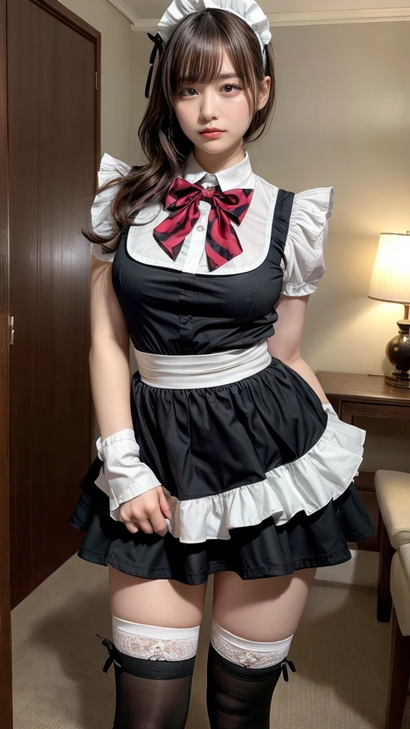 muste piece, best quality, illustration, Super detailed, fine details, High resolution, 8K,wall paper, perfect dynamic composition,(Details High quality, realistic depiction of eyes:1.3), short hair, (wavy hair:1.2), huge breasts, hotel room, (bow ribbon, Maid, knee high socks:1.3), Aside Cutter Shirt, frill skirt, huge breasts, ponytail, black hair color, Big Natural Color Lip, perfect body shape, bold sexy pose, crying a little、cold gaze, Harajuku style、20 year old girl、cute type、lolita、beautiful legs, full body photo、focus on crotch, hposing Gravure Idol