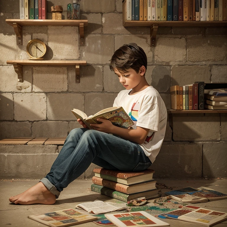 Mosaic art about an aspiring artist (male child) reading a book, full body