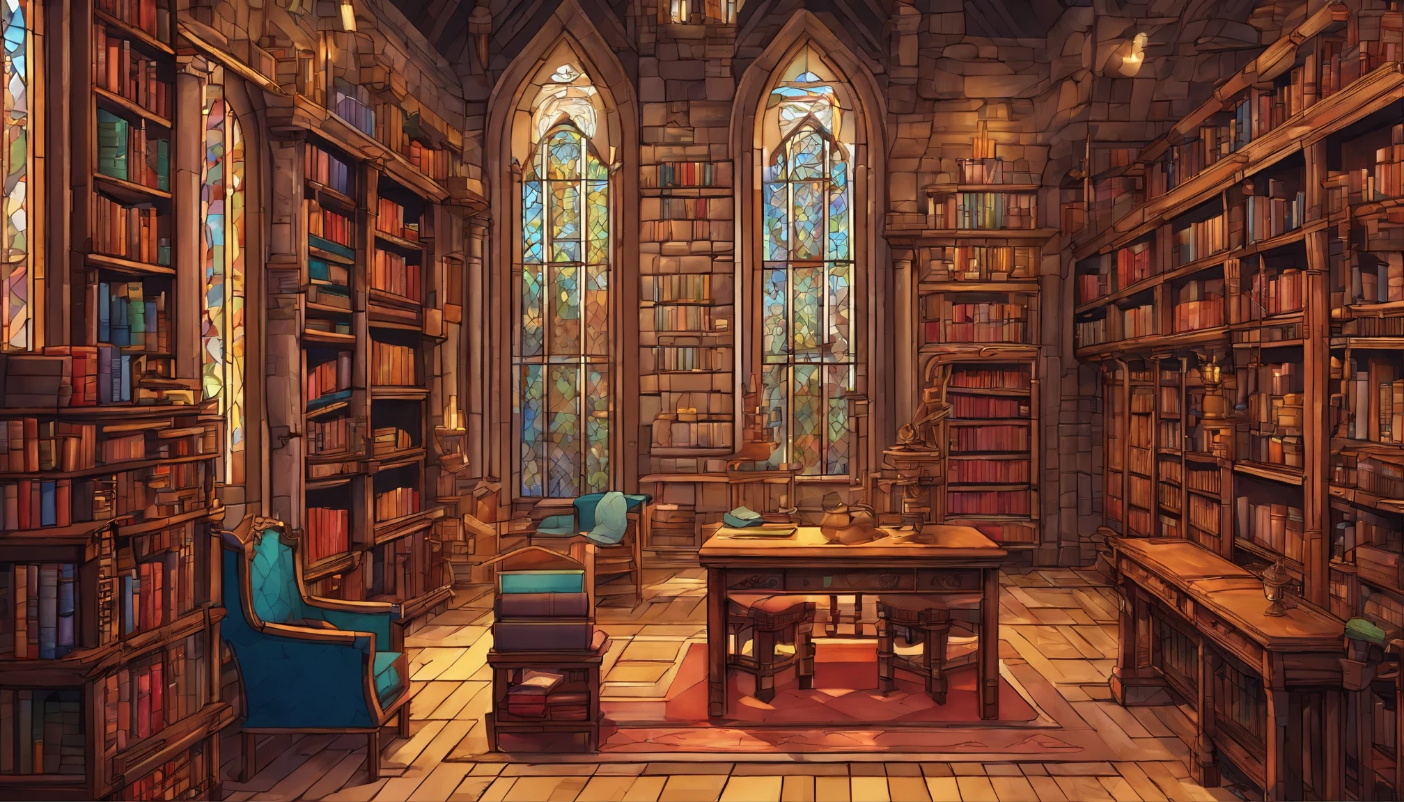 Pixel art,middle ages,In the library,Tables and chairs,Bookshelf,Gloveagic array,Stained glass,parchment,pencil