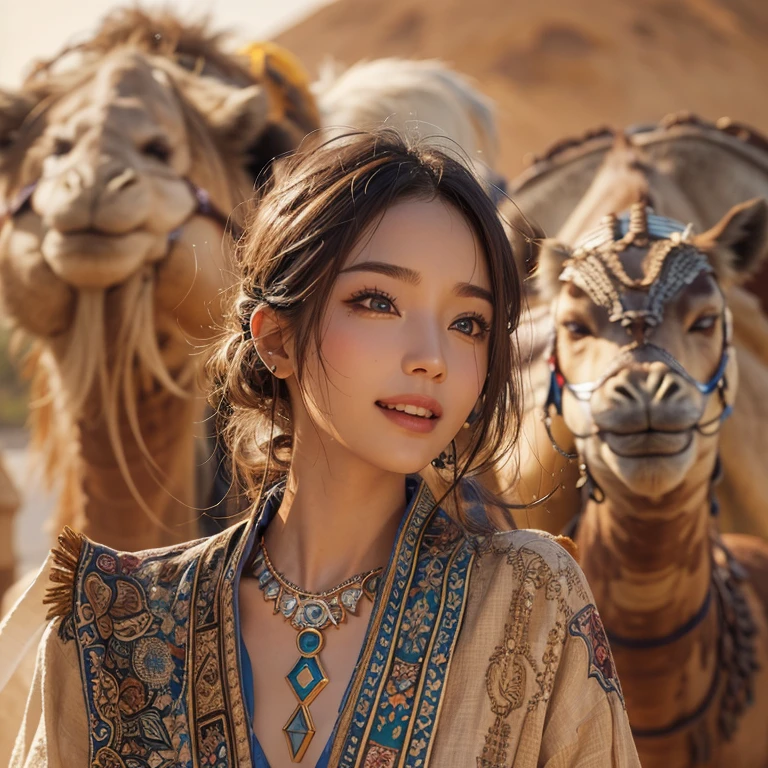 Hide in the desert、Hair flows、 ((highest quality、masterpiece、8k、best image quality、ultra high resolution、Award-winning work)、(accurate anatomy:1.1)、(look at me and smile:1.1)、Shining fair skin with ultra high resolution、most detailed face、ultra high resolution detailed face、ultra high resolutionの髪の毛、(ultra high resolutionの煌めく瞳:1.1)、Beautiful face drawn in every detail、(blurred background:1.1)、ancient Islamic clothes, chest together, tattoo, Old ruins in the background、ride a camel