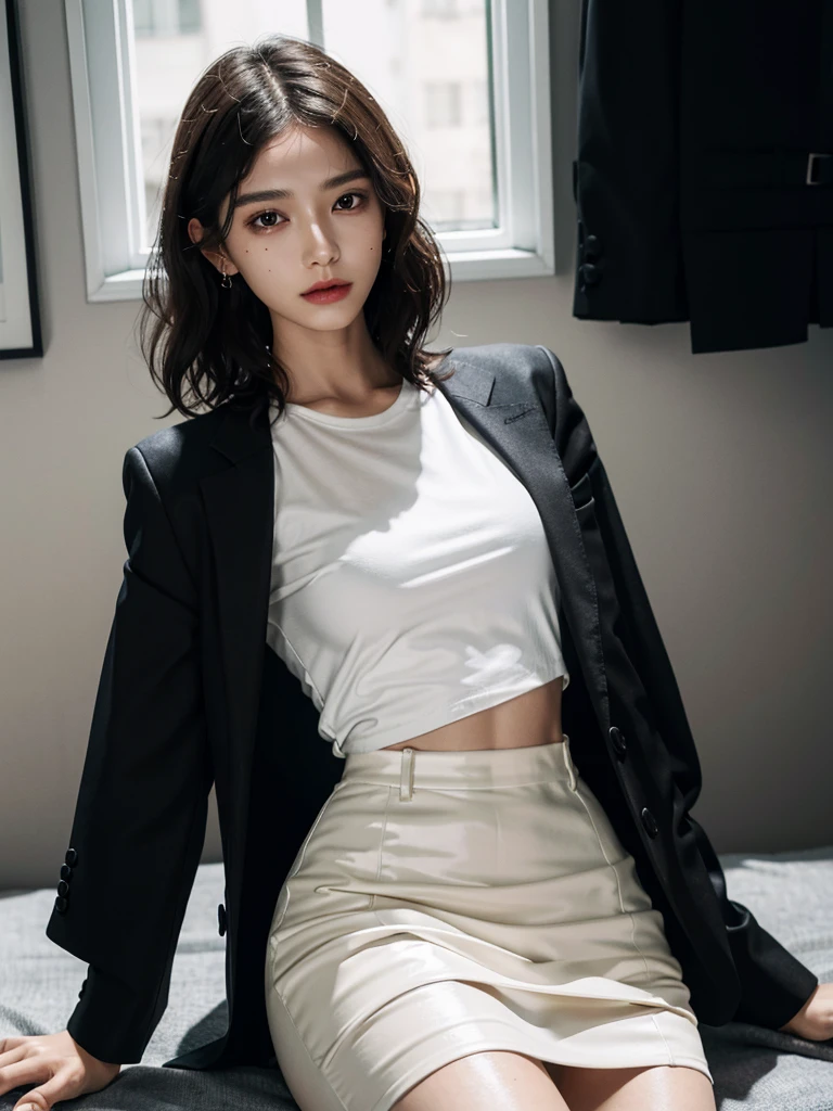 absurdres, RAW photo, extremely delicate and beautiful, masterpiece, Best Quality, ultra high resolution, 32k, hyperrealistic, ultra-detailed, perfect anatomy, anatomically correct, perfect figure, super Detailed skin, 20 years old, very Slim body, narrow waist, very small head, very small face, delicate facial features, detailed face, detailed eyes, tearful mole, earring, thin legs, bare legs, very huge round breasts, short medium hair, ((wavy hair)), wet clothes, (black business suit, white shirt, black skirt, coat),