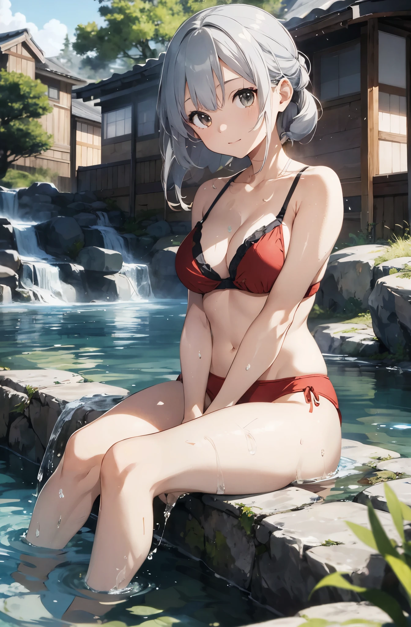 Silver-haired girl drawn in high resolution Japanese anime style、Realistic background blur that looks like it was taken with a high-performance camera.、Please provide high quality illustrations........。Beautiful woman soaking in a hot spring with a relaxed expression.、The steam rising from the bathtub is beautifully depicted..................。Attention to detail in hair and skin、There are no houses around、quiet､Enjoy the natural texture。Communicating the atmosphere of a hot spring town、Please also draw the surrounding scenery and hot spring facilities..................。Highlighting a beautiful girl in a red bikini。。。、Please draw an illustration that captures her charm..................。Wakame seaweed、Wakame seaweed、Wakame seaweed、Wakame seaweed、Wakame seaweed、Wakame seaweed、