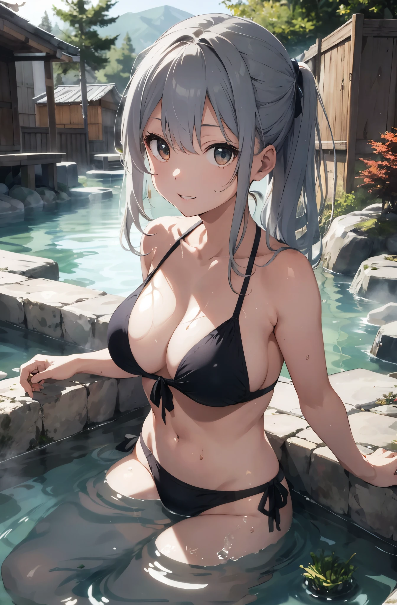 Silver-haired girl drawn in high resolution Japanese anime style、Realistic background blur that looks like it was taken with a high-performance camera.、Please provide high quality illustrations........。Beautiful woman soaking in a hot spring with a relaxed expression.、The steam rising from the bathtub is beautifully depicted..................。Attention to detail in hair and skin、There are no houses around、quiet､Enjoy the natural texture。Communicating the atmosphere of a hot spring town、Please also draw the surrounding scenery and hot spring facilities..................。Highlighting a beautiful girl in a red bikini。。。、Please draw an illustration that captures her charm..................。Wakame seaweed、Wakame seaweed、Wakame seaweed、Wakame seaweed、Wakame seaweed、Wakame seaweed、