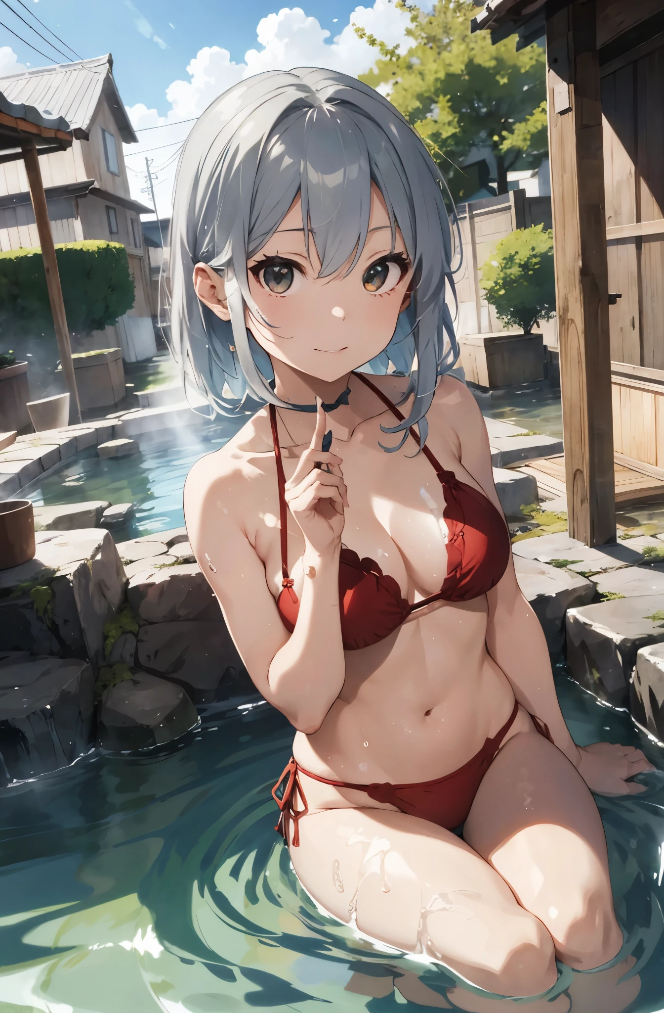 Silver-haired girl drawn in high resolution Japanese anime style、Realistic background blur that looks like it was taken with a high-performance camera.、Please provide high quality illustrations........。Beautiful woman soaking in a hot spring with a relaxed expression.、The steam rising from the bathtub is beautifully depicted..................。Attention to detail in hair and skin、There are no houses around、quiet､Enjoy the natural texture。Communicating the atmosphere of a hot spring town、Please also draw the surrounding scenery and hot spring facilities..................。Highlighting a beautiful girl in a red bikini。。。、Please draw an illustration that captures her charm..................。Wakame seaweed、Wakame seaweed、Wakame seaweed、Wakame seaweed、Wakame seaweed、Wakame seaweed、