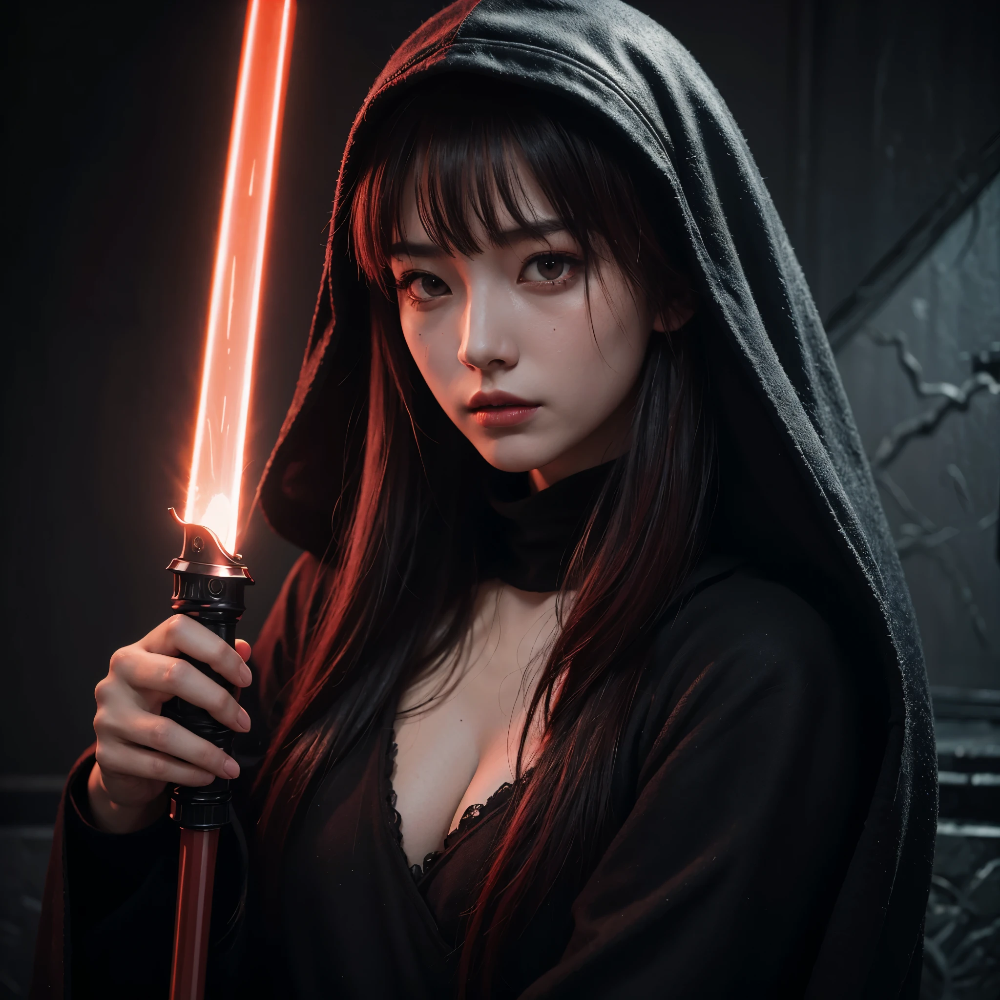 (very sharp result, full body desaturated photo) (((textile shading))), (((Best Quality))), (((masterpiece))) (((hyper realistic photo))) in starwars universe, dark atmosphere, backlight shoot body sith lordes japanese girl in black cult hoodie pale skin, vampire look no makeup, piercings, mysterious sinister with bright red eyes (she is holding ritual skull & red lighsaber) red hair, moist textured facial skin with detail pore face, dark castle, source light only from her red saber, horror feel mood gritty atmosphere, UHD, 8K, shoot by hasselblad with medium lens