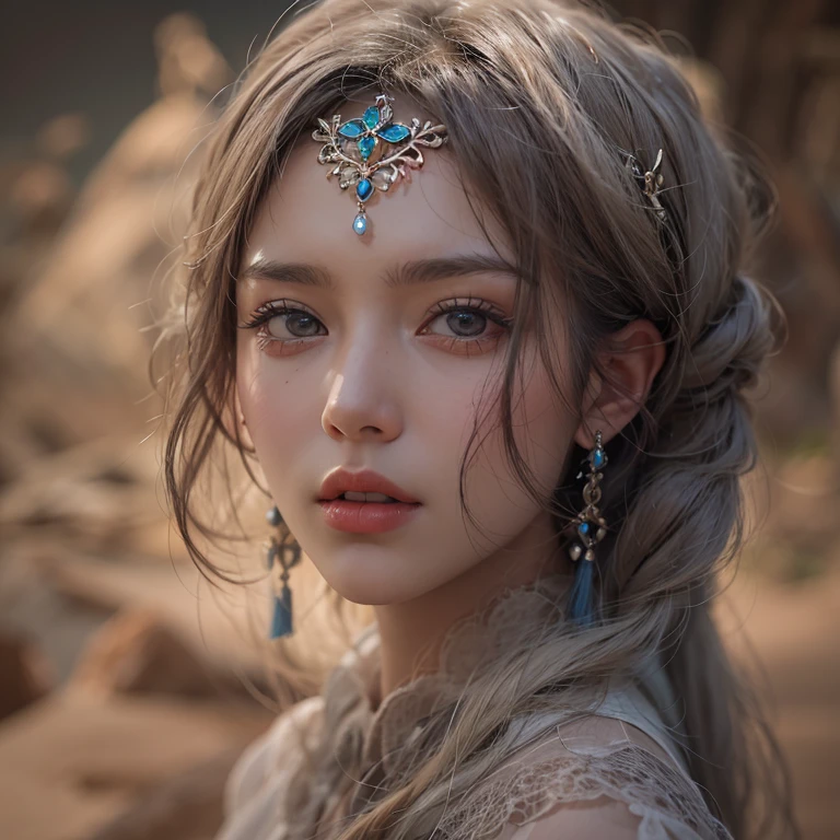Standing in the desert、Hair flows、 ((highest quality、masterpiece、8k、best image quality、ultra high resolution、Award-winning work)、(close-up of woman's face:1.35)、(close-up of naked face:1.3)、(accurate anatomy:1.1)、(look at me and smile:1.1)、Shining fair skin with ultra high resolution、most detailed face、ultra high resolution detailed face、ultra high resolutionの髪の毛、(ultra high resolutionの煌めく瞳:1.1)、Beautiful face drawn in every detail、(blurred background:1.1)、ancient Islamic clothes, chest together, tattoo, Old ruins in the background, look back