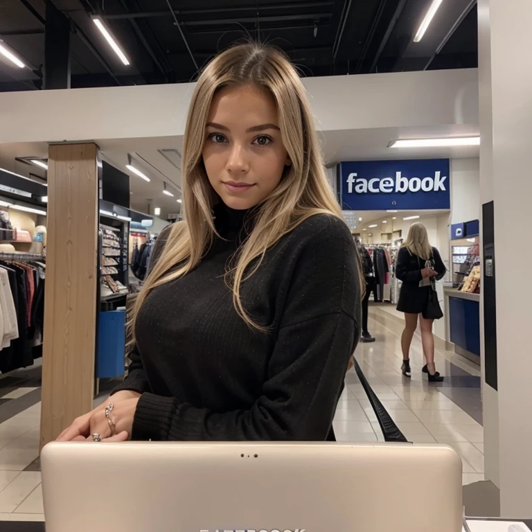 Femme blonde au cheveux noire en train de Facebook du shopping