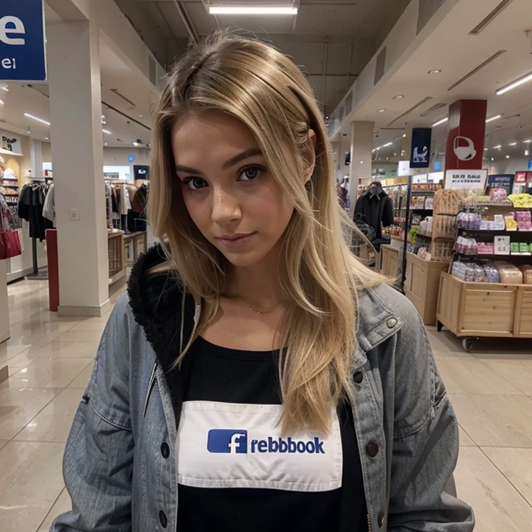 Femme blonde au cheveux noire en train de Facebook du shopping