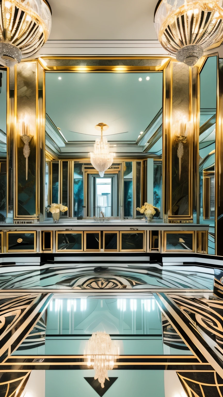 best quality, super fine, 16k, incredibly absurdres, extremely detailed, delicate and bold, a work of art, a carved mirror frame made of luxurious silver chrome plating, cracks radiating from the center of the mirror, high heels, Tiffany blue plaster room