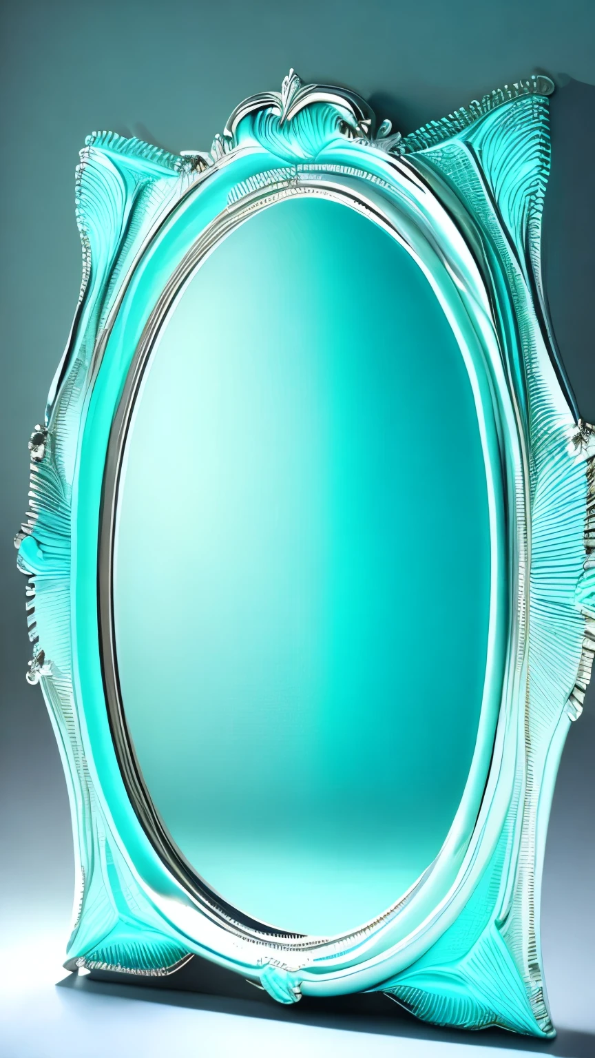 best quality, super fine, 16k, incredibly absurdres, extremely detailed, delicate and bold, a work of art, a carved mirror frame made of luxurious silver chrome plating, cracks radiating from the center of the mirror, high heels, Tiffany blue plaster room
