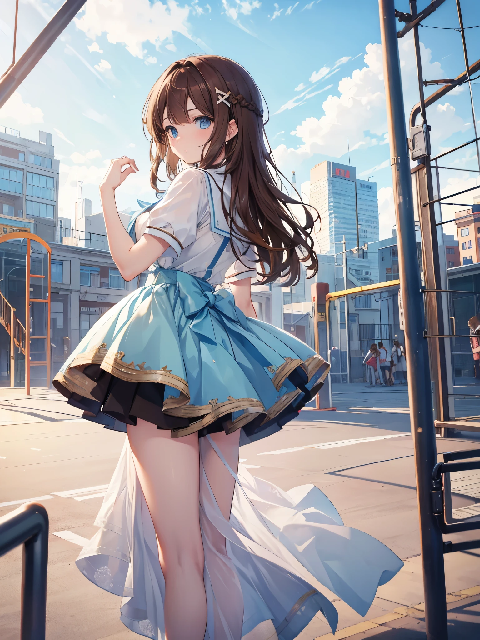 1boy, ((brown hair)), beautiful boy, ((light blue eyes)), idol costume, dress, at school, playground
