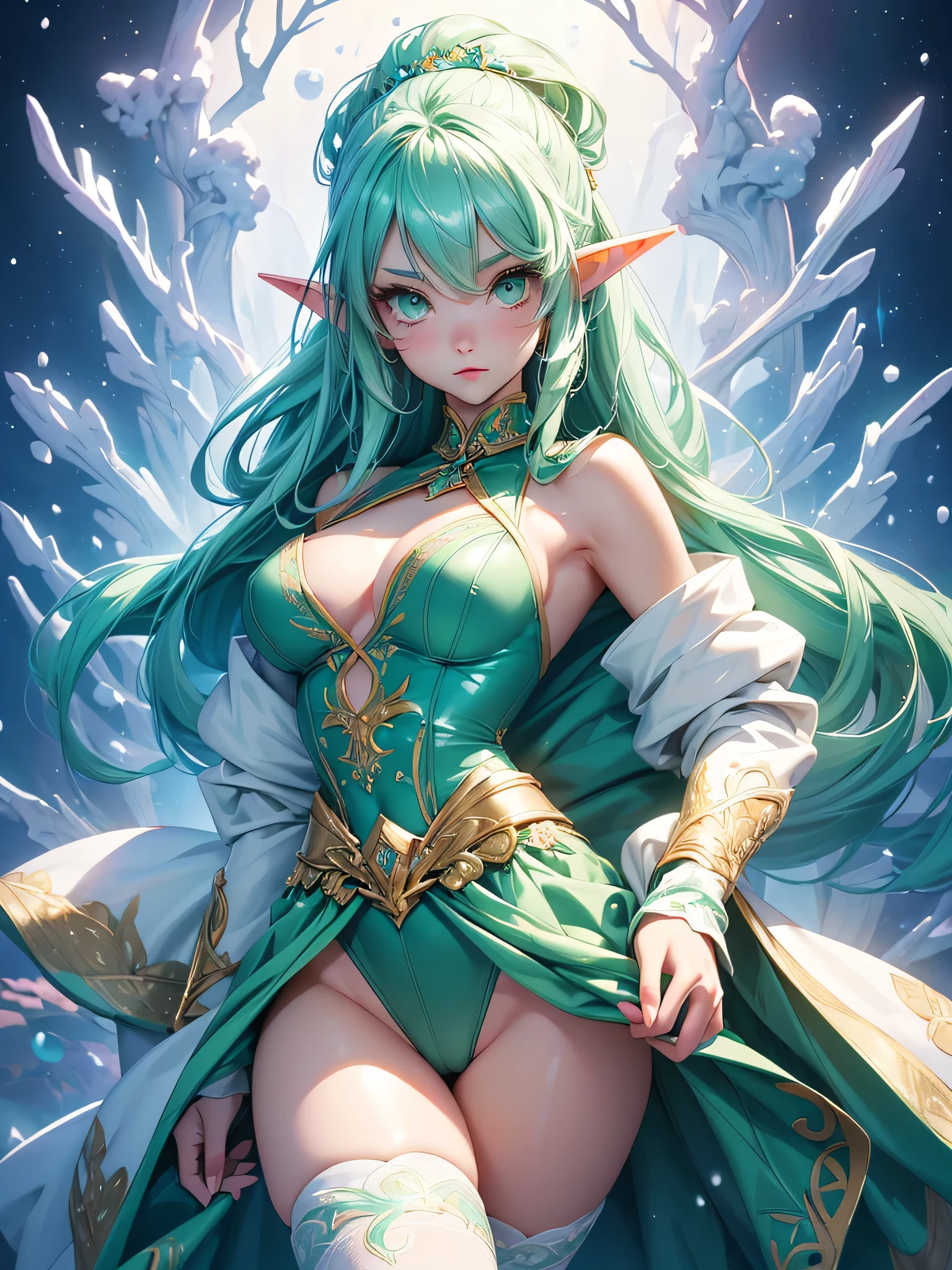 nsfw:1.1, high resolution:1.7, incredibly absurdres, kawaii:1, cute:1.5, hires.fix, anime visual:1, incredibly fine illustration,8k,masterpiece:1.2,best quality, high quality, exquisite, beautiful,insanely detailed,intricate detailed, extremely detailed, Super Definition, ultra high res, Super Resolution, best aesthetic, ultra detailed:1.5, best quality, perfect face, detailed face, masterpiece:1.2, illustration:1.2, 8k cg wallpaper, stunning art,absurdres,octane render,ultra hires,cute elf,(Idol),18yo,Beautiful,(Cute and lovely),cute girl,((anime elf with extremely cute and beautiful green hair)),long hair,hime_cut,(((green_eyes:1.3))),intricate eyes,beautiful detailed eyes,symmetrical eyes,big eyes:1.5,enchanting bright eyes studded with gold and silver dust,(((pinky snd glowing_skin,shiny body,plastic glitter skin,exaggerated shiny skin,illuminated skin))),upward breasts,waist slender,(detailed body,(detailed face)),cute,daring,zettai ryouiki,show skin,best relationship with four fingers and one thumb,Very Fine Face and Eyes,Very Fine Hair,(Perfect Anatomy),((girl trembling with sexual climax)),Garter Belt,Bare shoulders,Check out our thru-rack chokers and midi rings with chains,
Break (((aqua fur coat, aqua fur coat outfit, wearing a ice leotard:1.3,aqua winter coat))), ((ice leotard,elegant ice leotard)),(white gloves,white clothes,(((intricate outfit,intricate clothes,embroidered outfit,ornate outfit,embroidered clothes,ornate clothes))),(dynamic pose:1.0),embarrassed,(centered,scale to fit dimensions,Rule of thirds),((snowy pine forest)),winter,scenery:1.25,((intricate scenery)),((snow forest background)),(Glossy winter ornaments),highres,sharp focus,(extremely detailed CG unity 8k wallpaper),(((vibrant colors,vibrant theme))),(intricate),full body,(perfect body),standing,Forehead.Plain appearance.Talented.naked. Creampie.Semen is overflowing from her vaginal opening. Spread your legs. Raising her legs.