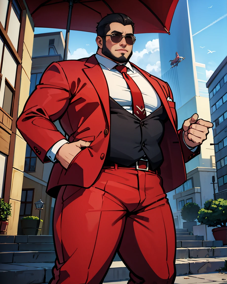 Velhote safado, Just plump, chubby, extremely thick thighs, large belly, Ele abre o casaco e mostra seu corpo usando apenas cueca box vermelho ao expectador, sharp man in jacket and long tie,standing on the sidewalk, casaco longo preto, casaco aberto, camisa branca, Gravata vermelha, big Barriga, fat Barriga,, Big stomach, corpo robusto e atarracado, jacket over shirt and tie, Homem na casa dos 60 anos, homem na casa dos 50 anos, Barriga, musculoso, cabelo castanho claro, cabelos grisalhos, detetive, bonito, serious appearance, sunglasses.