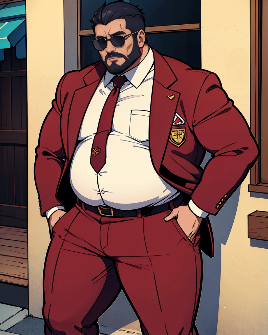 Velhote safado, Just plump, chubby, extremely thick thighs, large belly, Ele abre o casaco e mostra seu corpo usando apenas cueca box vermelho ao expectador, sharp man in jacket and long tie,standing on the sidewalk, casaco longo preto, casaco aberto, camisa branca, Gravata vermelha, big Barriga, fat Barriga,, Big stomach, corpo robusto e atarracado, jacket over shirt and tie, Homem na casa dos 60 anos, homem na casa dos 50 anos, Barriga, musculoso, cabelo castanho claro, cabelos grisalhos, detetive, bonito, serious appearance, sunglasses.