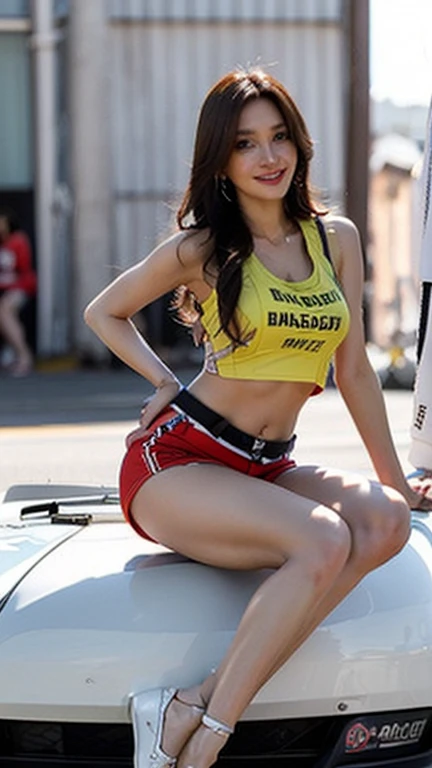 (High resolution 8K),( highest quality), Very detailed, (masterpiece), Realistic, Very detailedなかわいい女の子,( Age 25), (From the whole body to the toes:1.2),(Shooting from the side:1.2),(sitting on the hood of a car),(Race Queen),(Natural pose),(Hair tying pose),(Big Breasts),(Big Ass),(Smiling at the camera),( Smiling while looking at the camera ),(Full Body Shot:1.2) ,((Side shot 1.2)),(ponytail),(photoRealistic:1.3),((Wear a sponsored grid girl costume,Wearing a tank top with a logo printed on it)), ((Red logo print shorts)),(Participate in a motorsport race), (Look at me and smile),