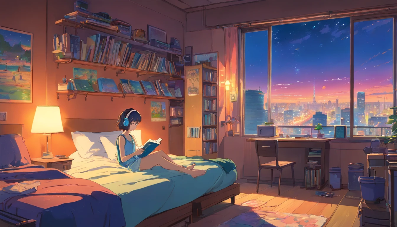European Hippie Girl wearing attractive sleeveless and miniskirt reading a book in her cozy room, dreaming, fantasy, Wear headphones, night lights, Neon landscape on a night time, city is visible in the very big window, Lo-Fi Hip Hop , retrospective, flat, 2.5D ,Draw a line, Ink Drawing, Large slope, Watercolor painting, Goosch Colors, Studio Ghibli Style, Awesome colorful, Outer Ton, krautrock, lofi art,  70s style,Old texture, amplitude,psychedelic vibe, masterpiece, Tremendous technology, 8k ultra high quality, no deformation on body parts
