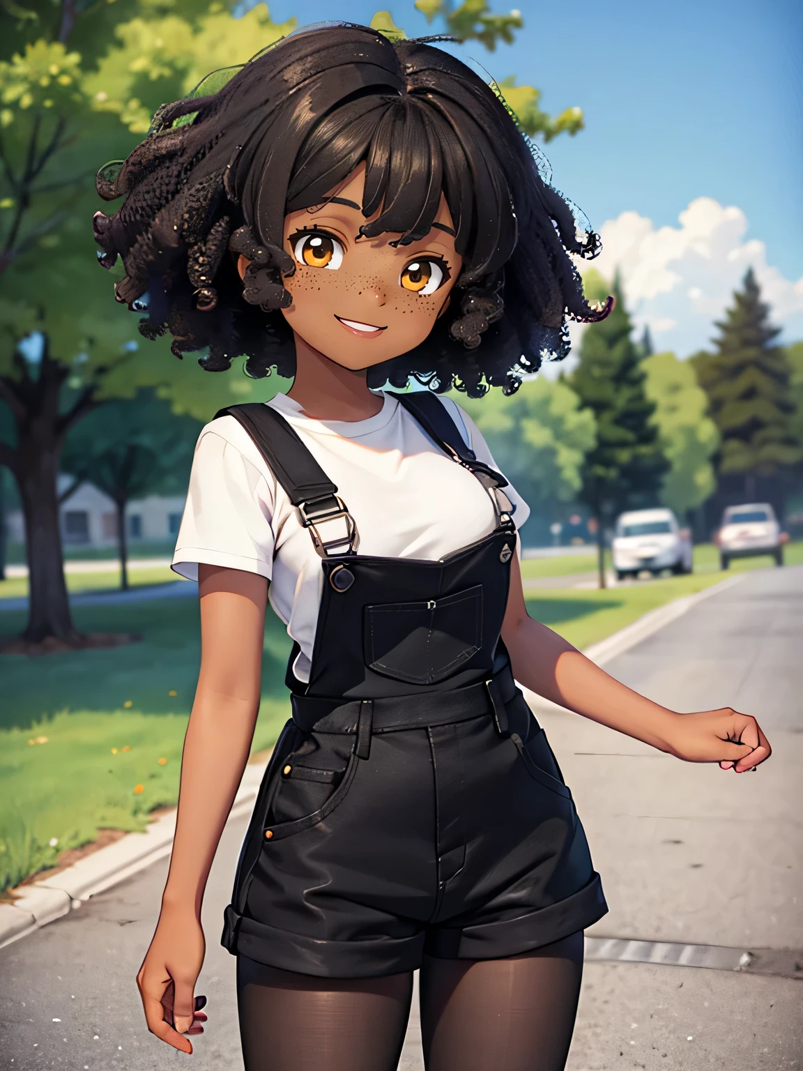 Dark brown hair, black skin, orange eyes, big afro, freckles, black overalls, white shirt, short sleeves, black tights, black skirt, short, black overalls, brown hair, medium breasts, outside, smile, standing