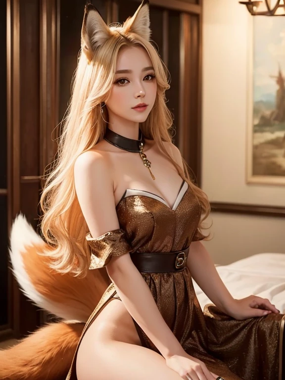 ((highest quality, 32k)), ((masterpiece)), (Get used to it), Perfect Face, Fox Girl, Beautiful woman, public, Has a tail, She has a fox&#39;s tail, She wags her fluffy tail, Surprised face, She is wearing a Chinese dress, Beautiful hip line, A tail sticking out from a Chinese dress, Large Breasts, Tail on the buttocks