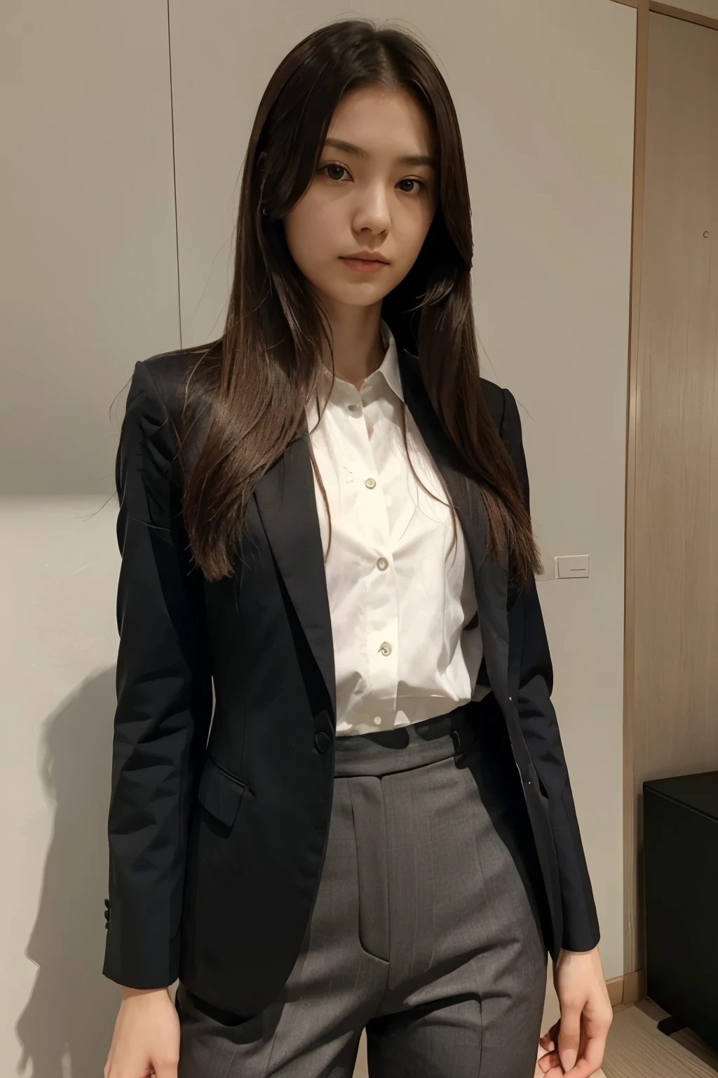 long hair, woman, suit, slender, 25 years old, Japan person