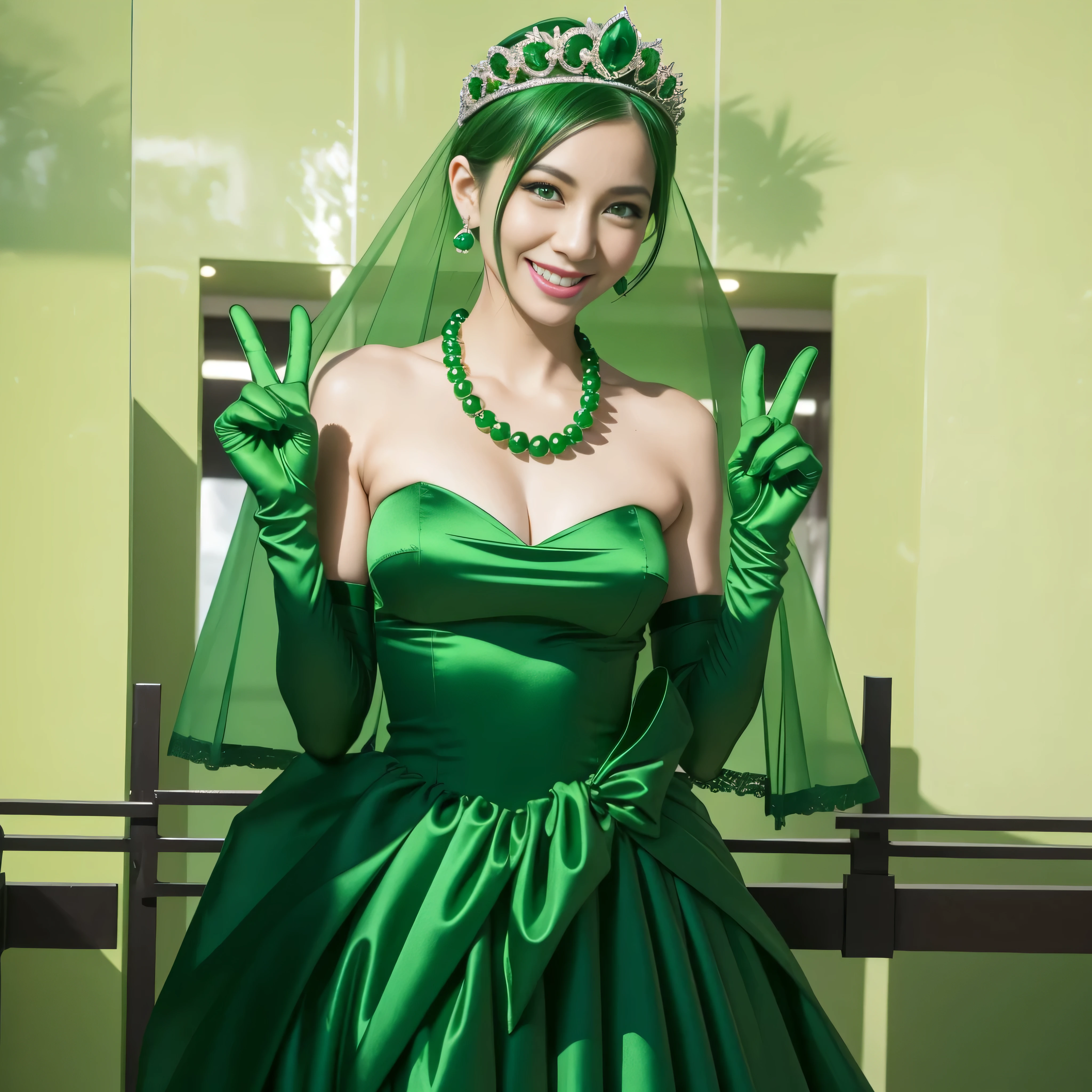Emerald tiara, Green Pearl Necklace, Boyish very short green hair, lipstick, Smiling Japanese woman, Very short hair, Big tits beautiful, Green Eyes, Long green satin gloves, Green Eyes, v sign, Emerald Earrings, Green Veil