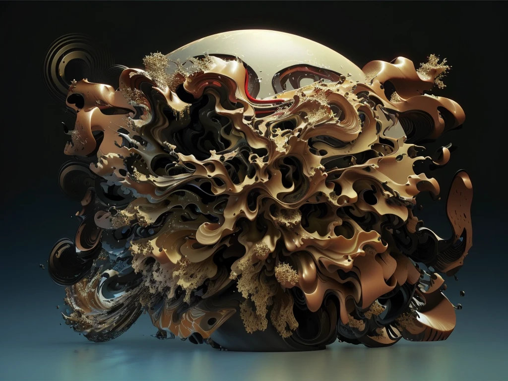 There is a very large red object in the middle of a dark background, 3 d Fluid simulation render, chaotic swirling ferrofluids, rendered in houdini, houdini Fluid simulation, Epic 3D Abstract Model, Fluid simulation in houdini, Fluid simulation, rendered in maya and houdini, rendered, black Fluid simulation, intricate artwork. Octane render