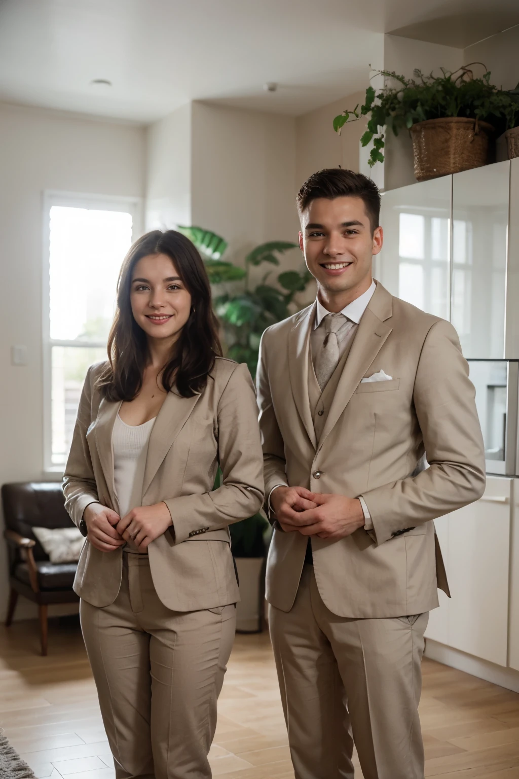 Real estate agents, male and female of age 25, good smile, posing for a professional marketing shoot with full beige and grey suits, standing front facing, in a modern spacious house interior with some greens in the background, Realistic high-quality RAW image